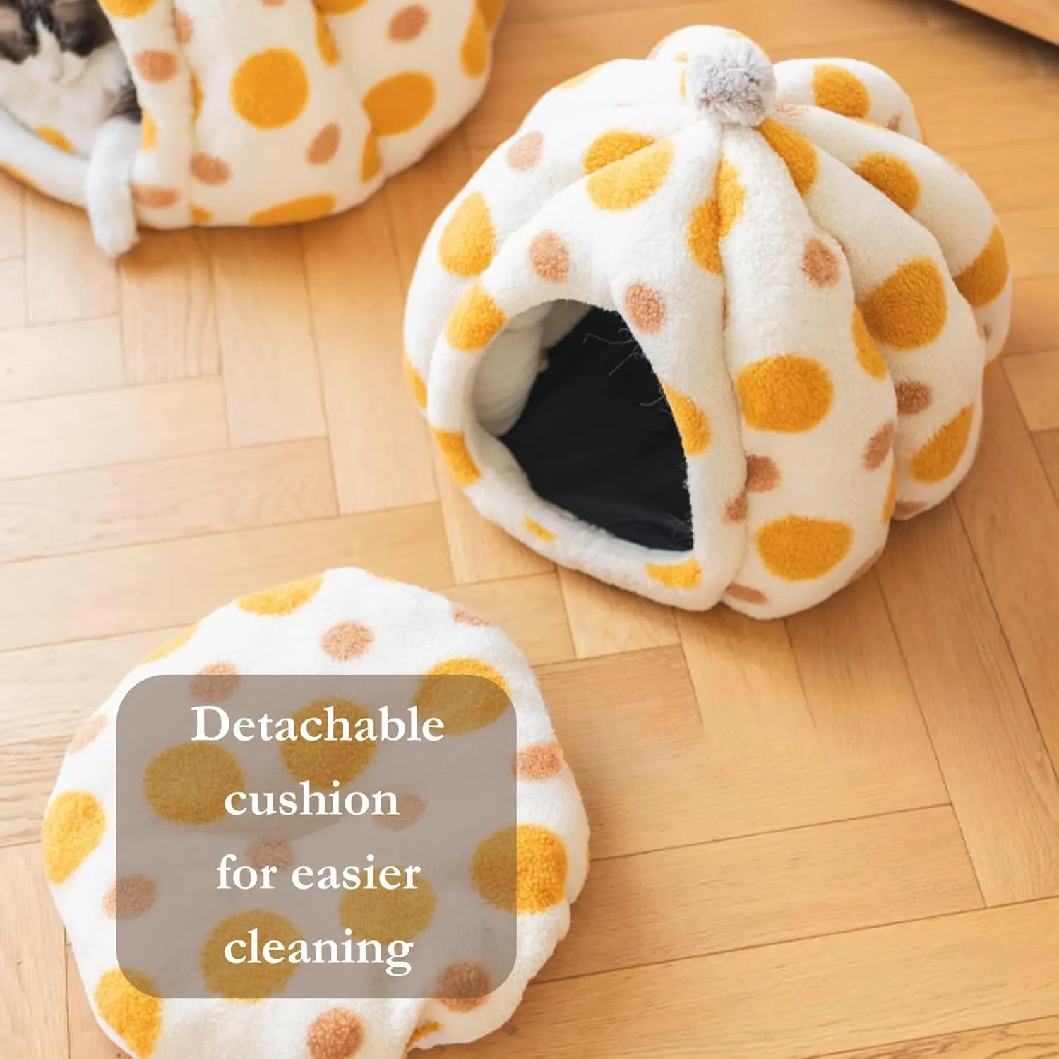 Cat Polka Dot Yurt Bed, Plush Warm Semi-Enclosed Cave Hideaway, Soft Comfy House for Indoor Kitten (Blue,Large)