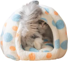 Cat Polka Dot Yurt Bed, Plush Warm Semi-Enclosed Cave Hideaway, Soft Comfy House for Indoor Kitten (Blue,Large)