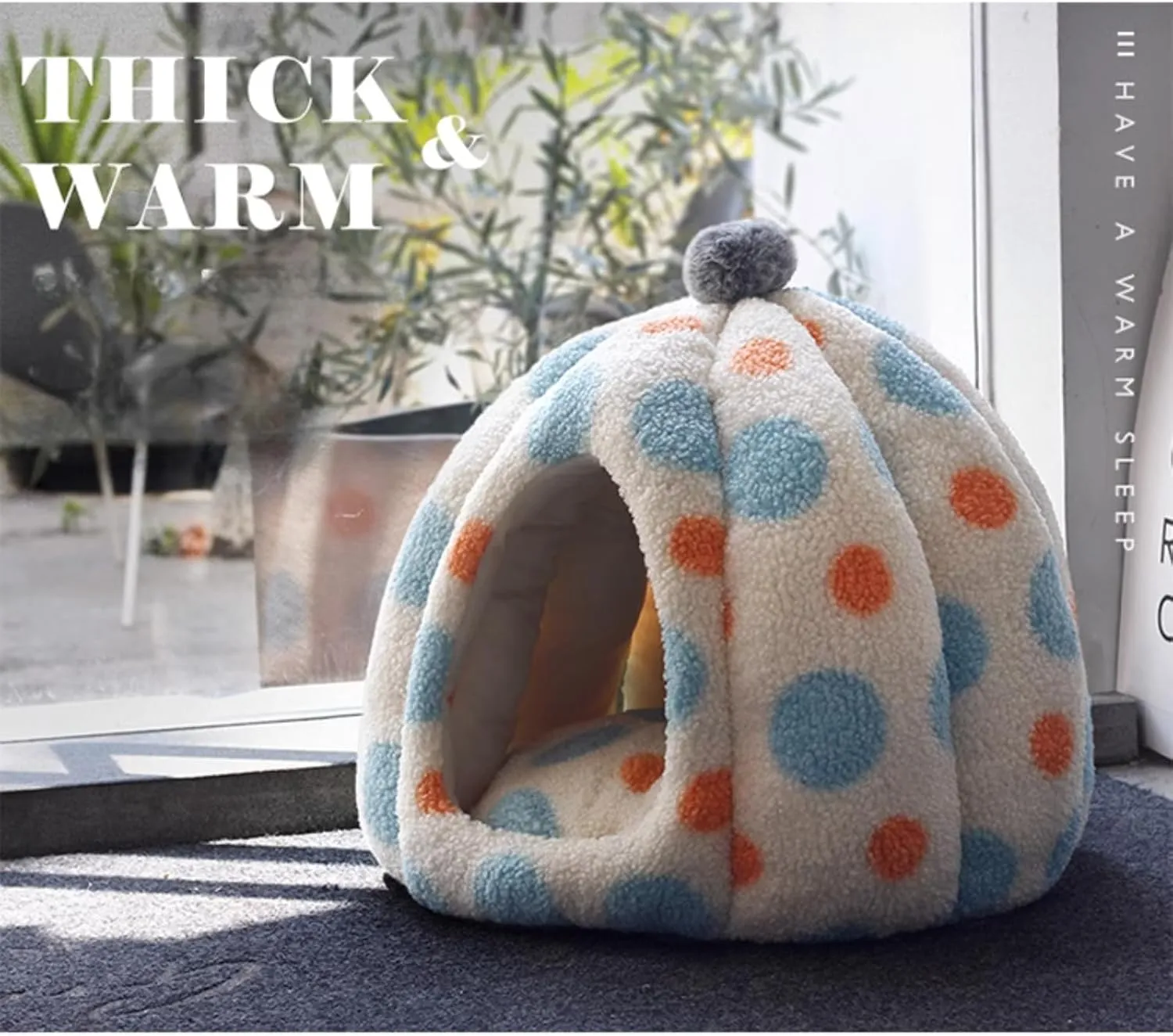 Cat Polka Dot Yurt Bed, Plush Warm Semi-Enclosed Cave Hideaway, Soft Comfy House for Indoor Kitten (Blue,Large)
