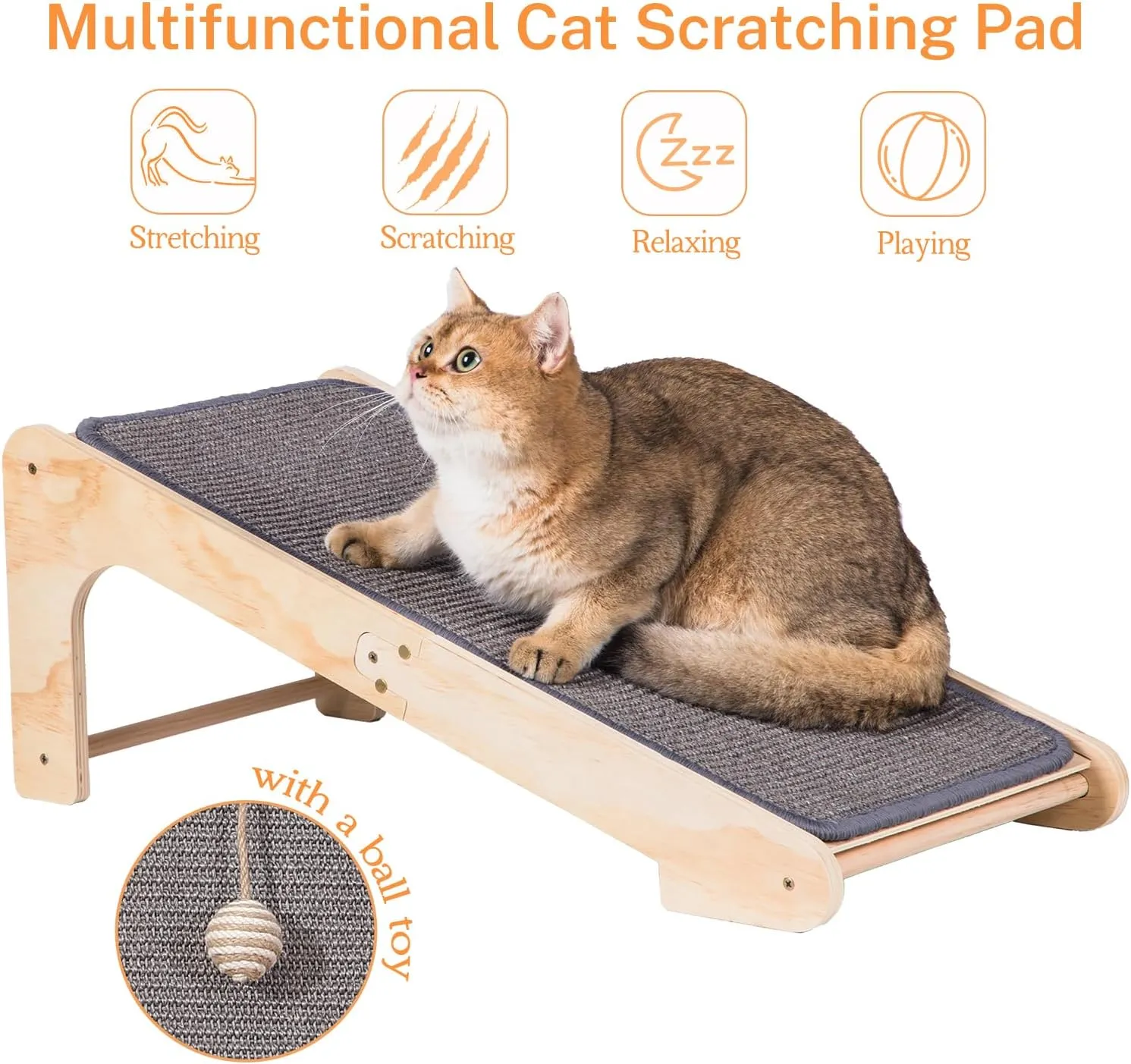 Cat Scratcher Ramp, L Shaped Scratchers for Indoor Cats, Sisal Scratch Pad Furniture Protector, Scratching Board With Ball Toy