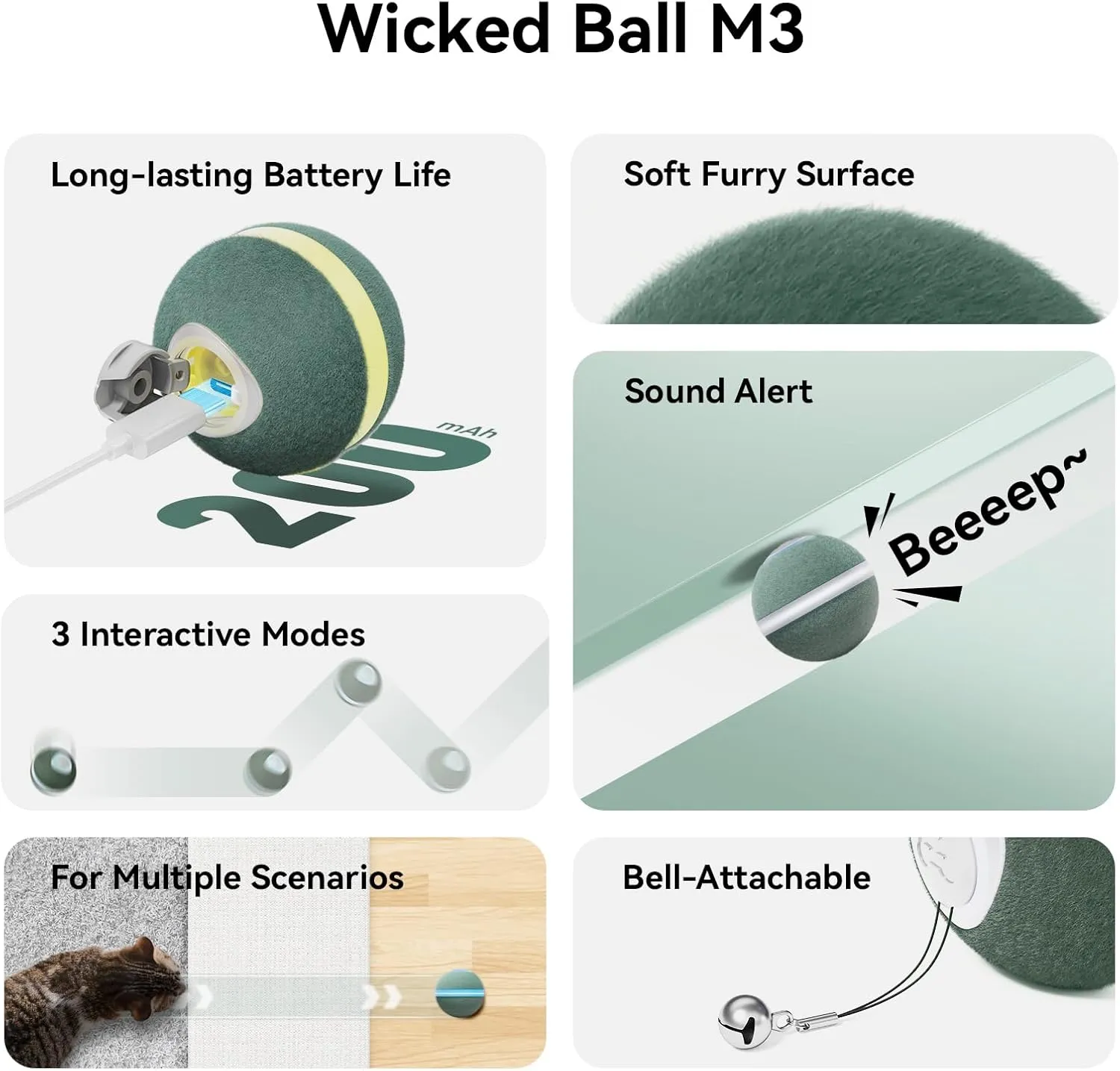 Cheerble 2025 Upgrade Interactive Cat Ball, Wicked Ball M3, Automatic Moving Toy for Indoor Cat Kitten, Smart Anti-Depression Pet Toy Fun Gift with Light