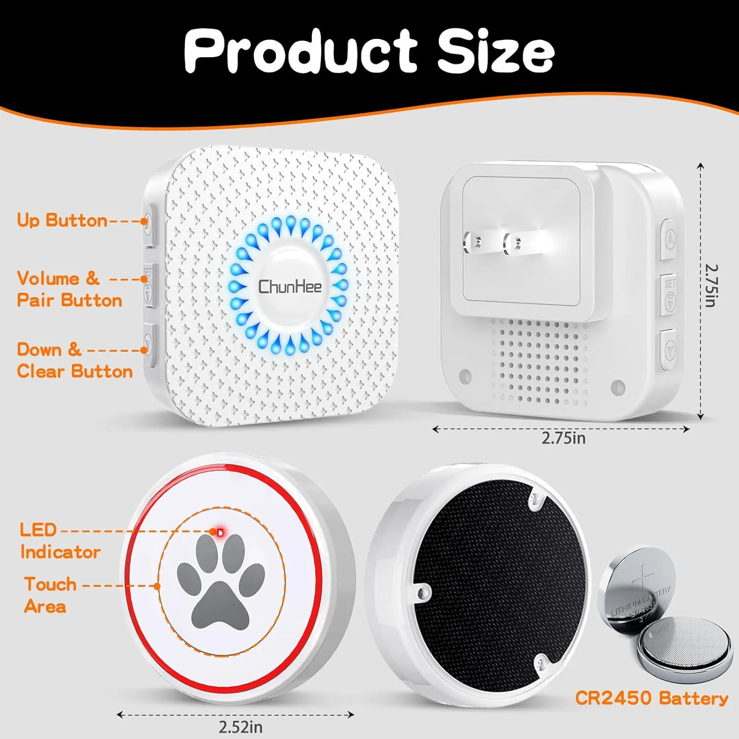 ChunHee Dog Door Bells, Smart Dog Doorbells for Potty Training to Go Outside, Dogs Bells for Doggie to Ring to Go Potty Train with Customized Ringtones Adjustable Volume, 3 Dog Buttons[New 2025]