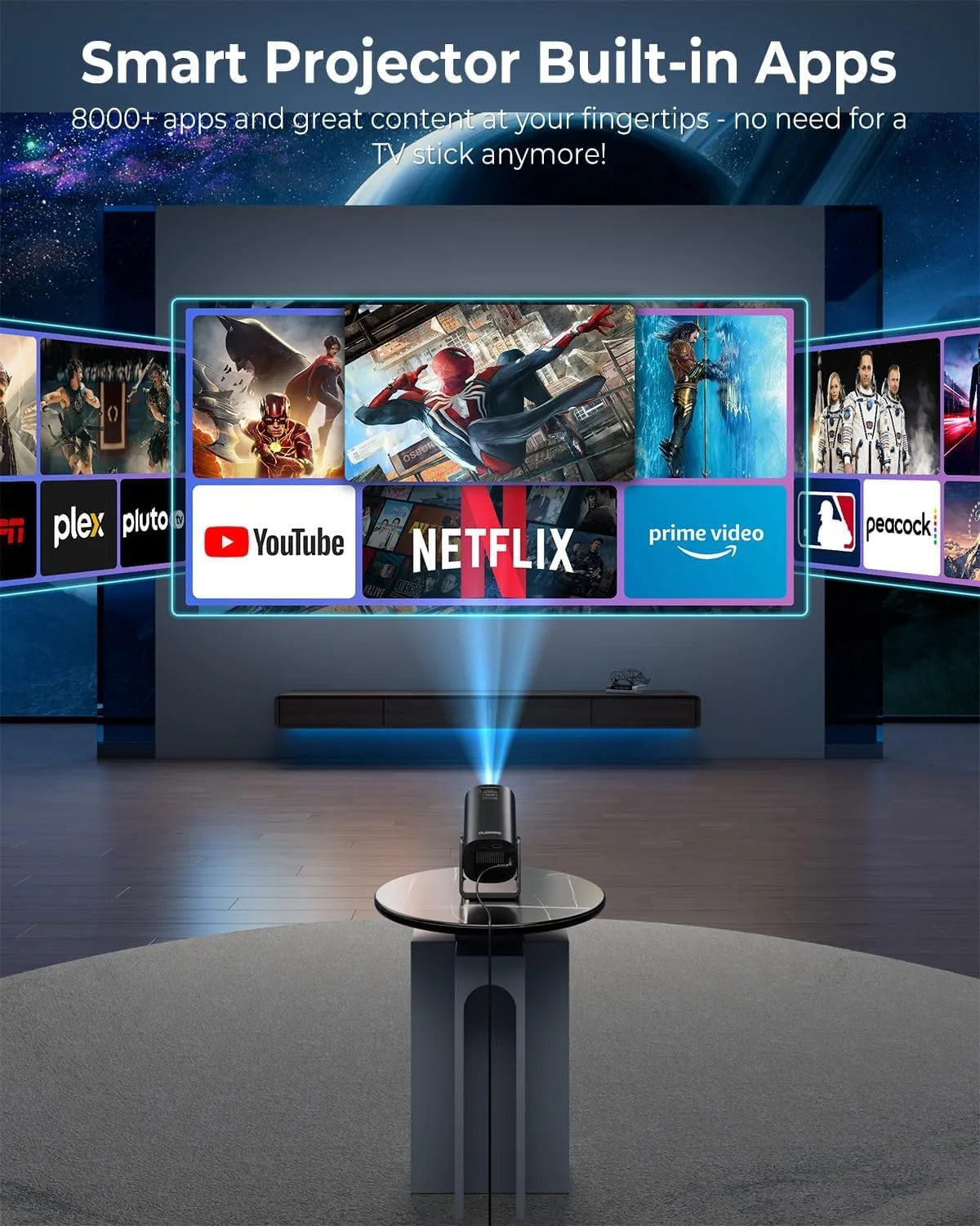 CLOKOWE Mini Projector, 4K 1080P Support projector with wifi and bluetooth,270Adjustable Stand Outdoor Home Theater galaxy Projector with Android TV OS & 8000 APPS for Phone/TV Stick/Laptop/HDMI