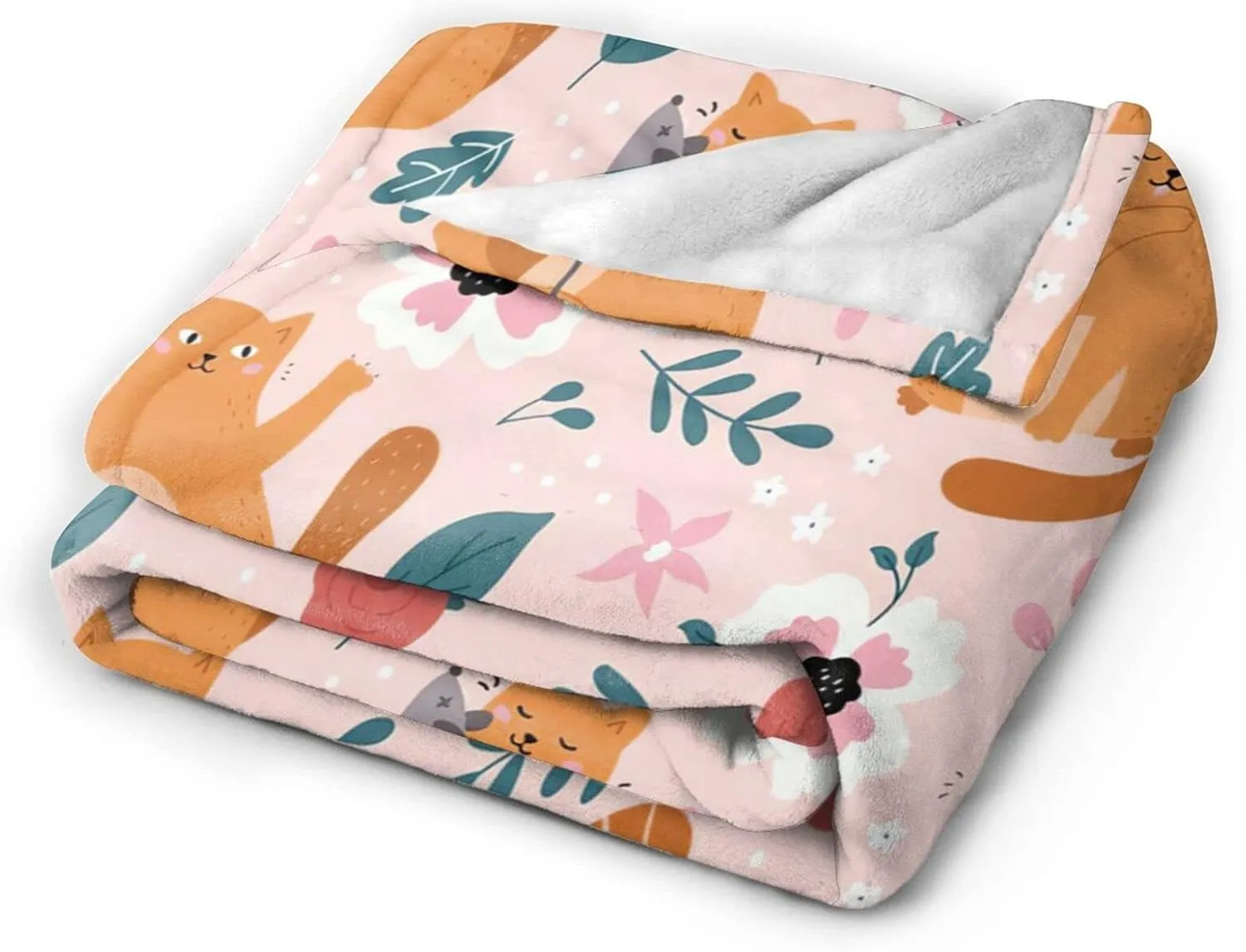 Cute Cat Throw Blanket Cozy Plush Orange Kitten Mouse Flannel Fleece Ultra Soft Blankets Unisex Lightweight Fuzzy Flower Party Blanket Gifts for Bed Couch Sofa Boys Girls 60"x50"