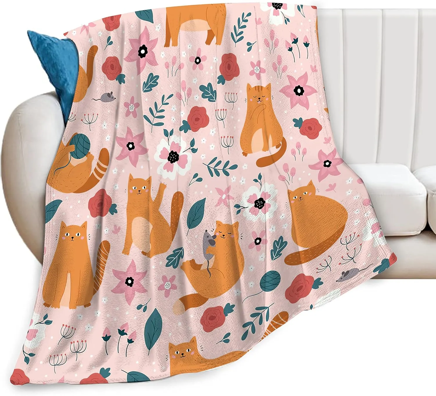 Cute Cat Throw Blanket Cozy Plush Orange Kitten Mouse Flannel Fleece Ultra Soft Blankets Unisex Lightweight Fuzzy Flower Party Blanket Gifts for Bed Couch Sofa Boys Girls 60"x50"