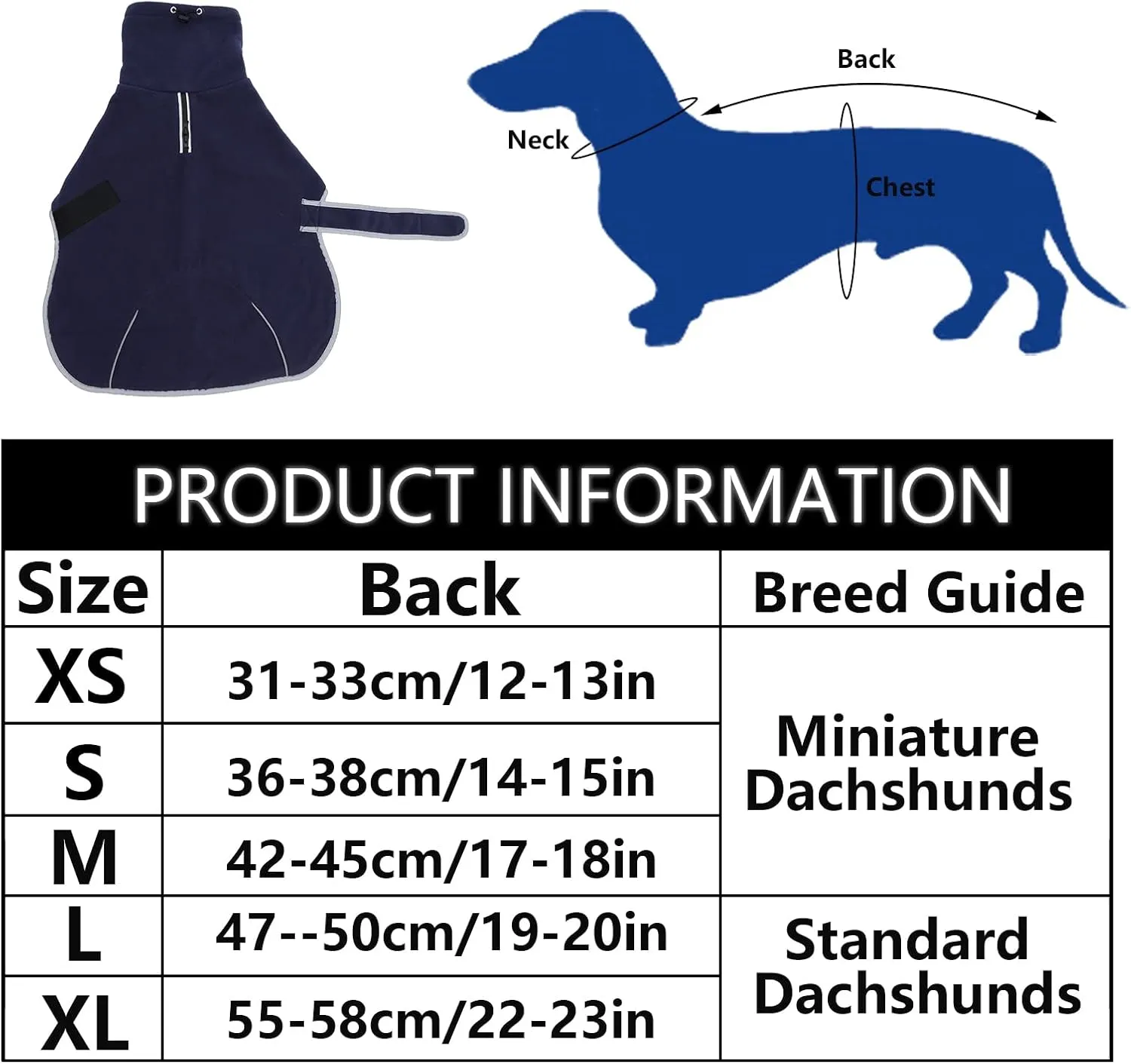 Dachshund Fleece Coats, Perfect for Dachshunds Sausage Weiner Puppy Winter Jacket with Reflective Trim and high Collar, Dog Snowsuit with Adjustable Bands - Navy - XS