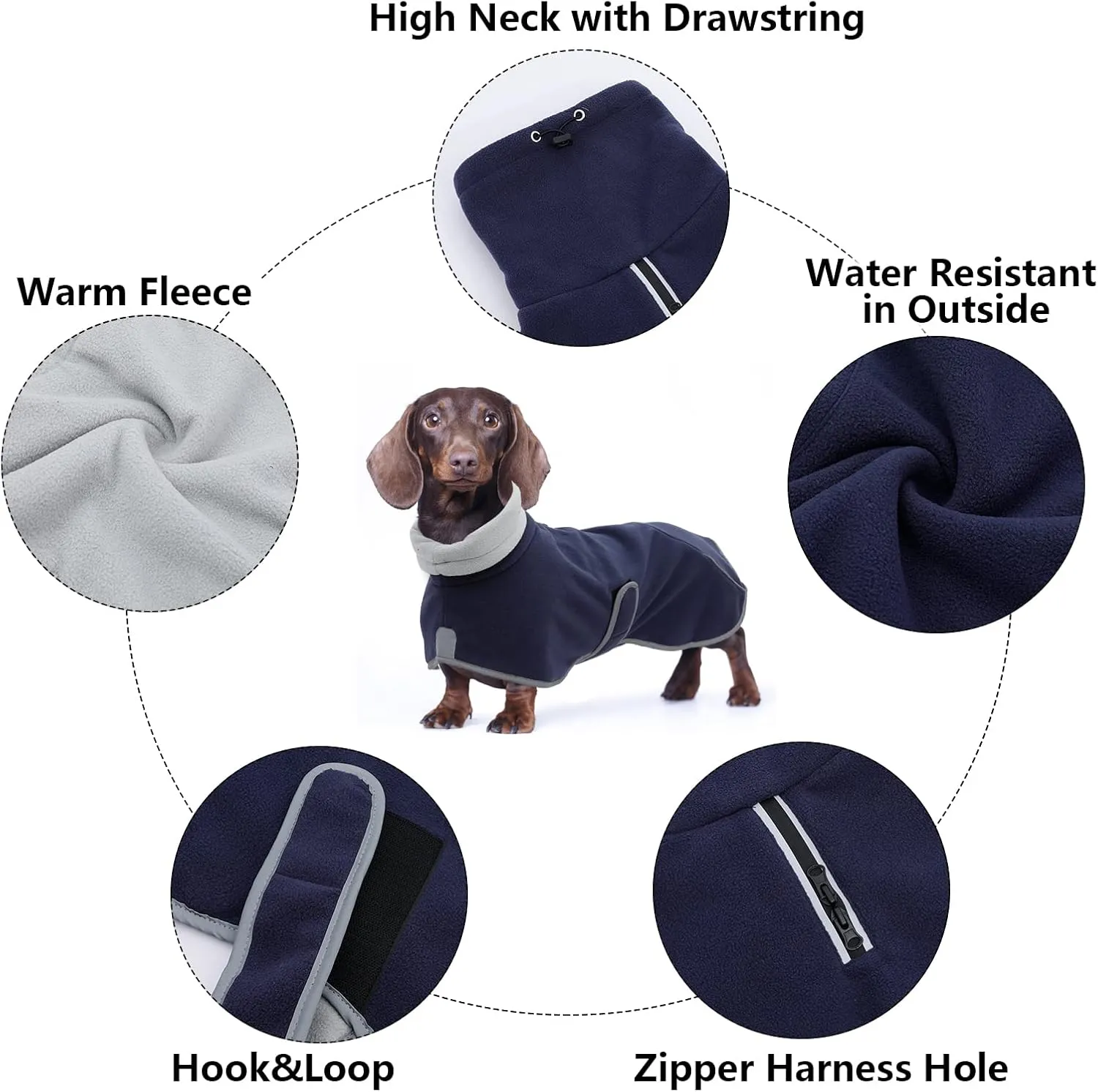 Dachshund Fleece Coats, Perfect for Dachshunds Sausage Weiner Puppy Winter Jacket with Reflective Trim and high Collar, Dog Snowsuit with Adjustable Bands - Navy - XS
