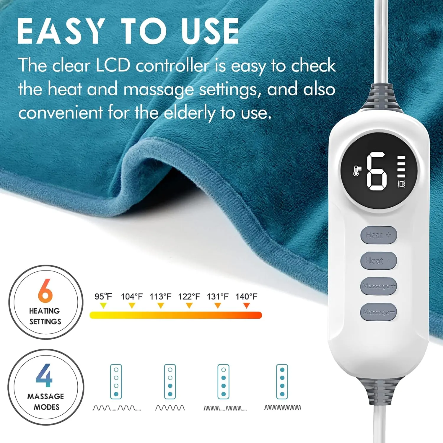DAILYLIFE Massage Heating Pad, 12''x 24'' Electric Heated Pads with Massager, 4 Massage Modes, 6 Heat Settings, 24 Relaxing Combinations, Fast-Heating Technology, Auto Shut Off, UL Certification, Blue