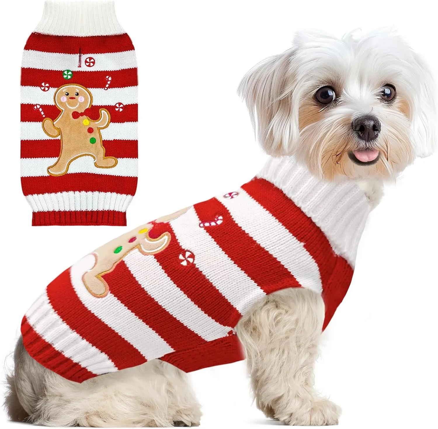 Dog Christmas Sweater Striped Gingerbread Man Xmas Dog Cat Outfit New Year Holiday Costumes Puppy Cat Sweater with Leash Hole for Small Medium Large Dogs Girl Boy Turtleneck Winter Pet Clothes