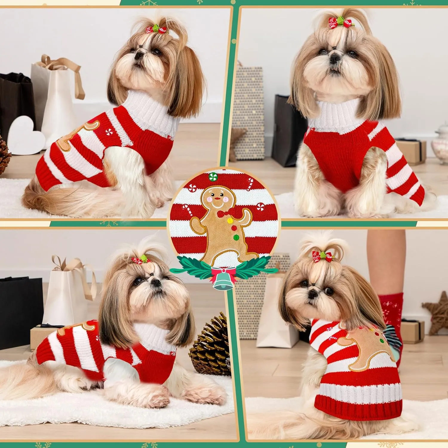 Dog Christmas Sweater Striped Gingerbread Man Xmas Dog Cat Outfit New Year Holiday Costumes Puppy Cat Sweater with Leash Hole for Small Medium Large Dogs Girl Boy Turtleneck Winter Pet Clothes