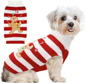 Dog Christmas Sweater Striped Gingerbread Man Xmas Dog Cat Outfit New Year Holiday Costumes Puppy Cat Sweater with Leash Hole for Small Medium Large Dogs Girl Boy Turtleneck Winter Pet Clothes