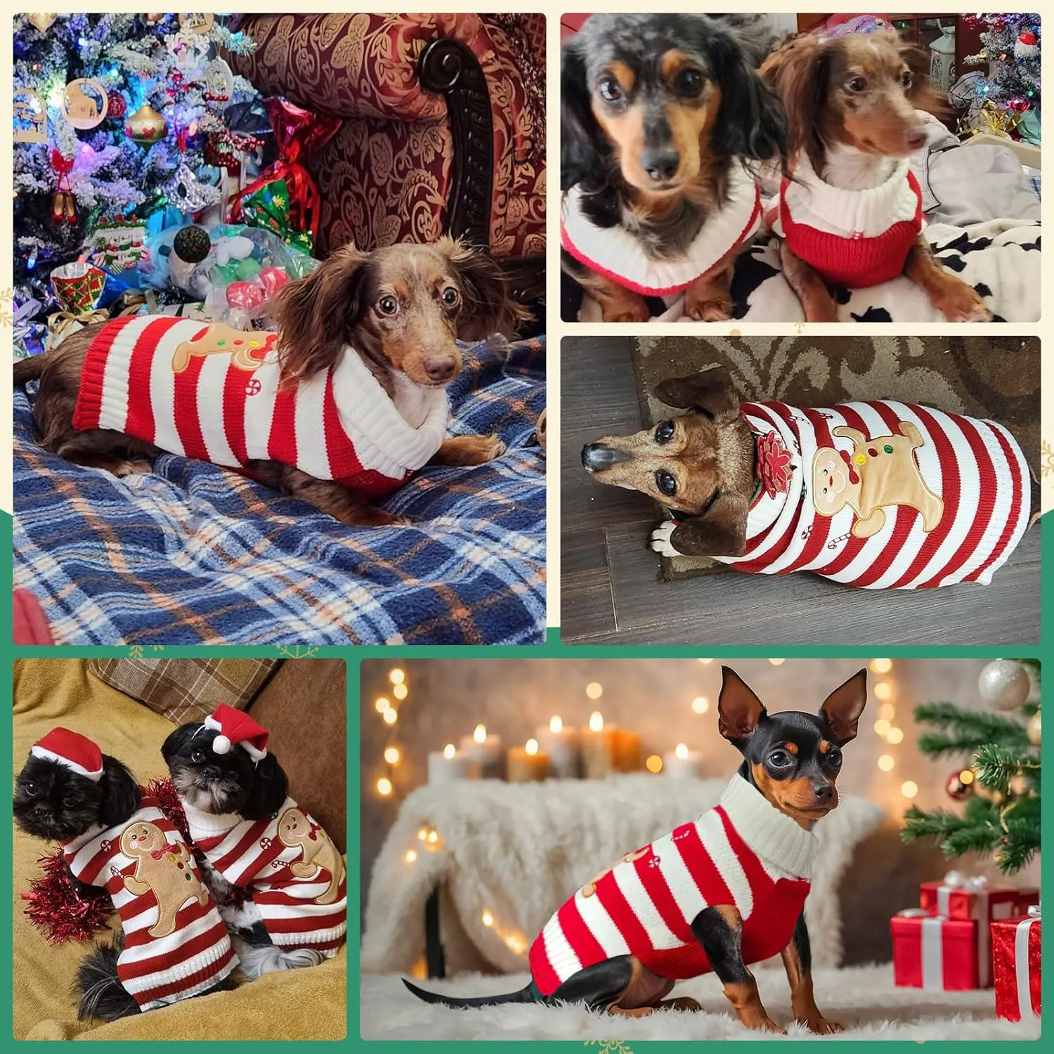 Dog Christmas Sweater Striped Gingerbread Man Xmas Dog Cat Outfit New Year Holiday Costumes Puppy Cat Sweater with Leash Hole for Small Medium Large Dogs Girl Boy Turtleneck Winter Pet Clothes