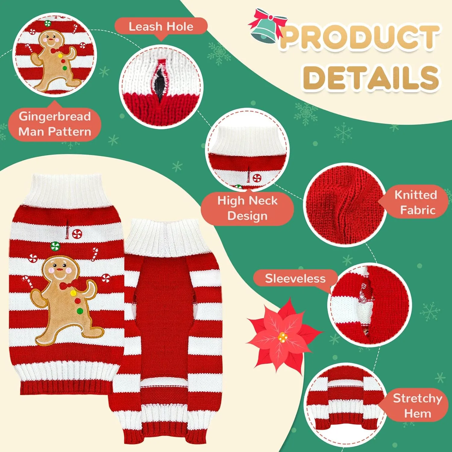 Dog Christmas Sweater Striped Gingerbread Man Xmas Dog Cat Outfit New Year Holiday Costumes Puppy Cat Sweater with Leash Hole for Small Medium Large Dogs Girl Boy Turtleneck Winter Pet Clothes