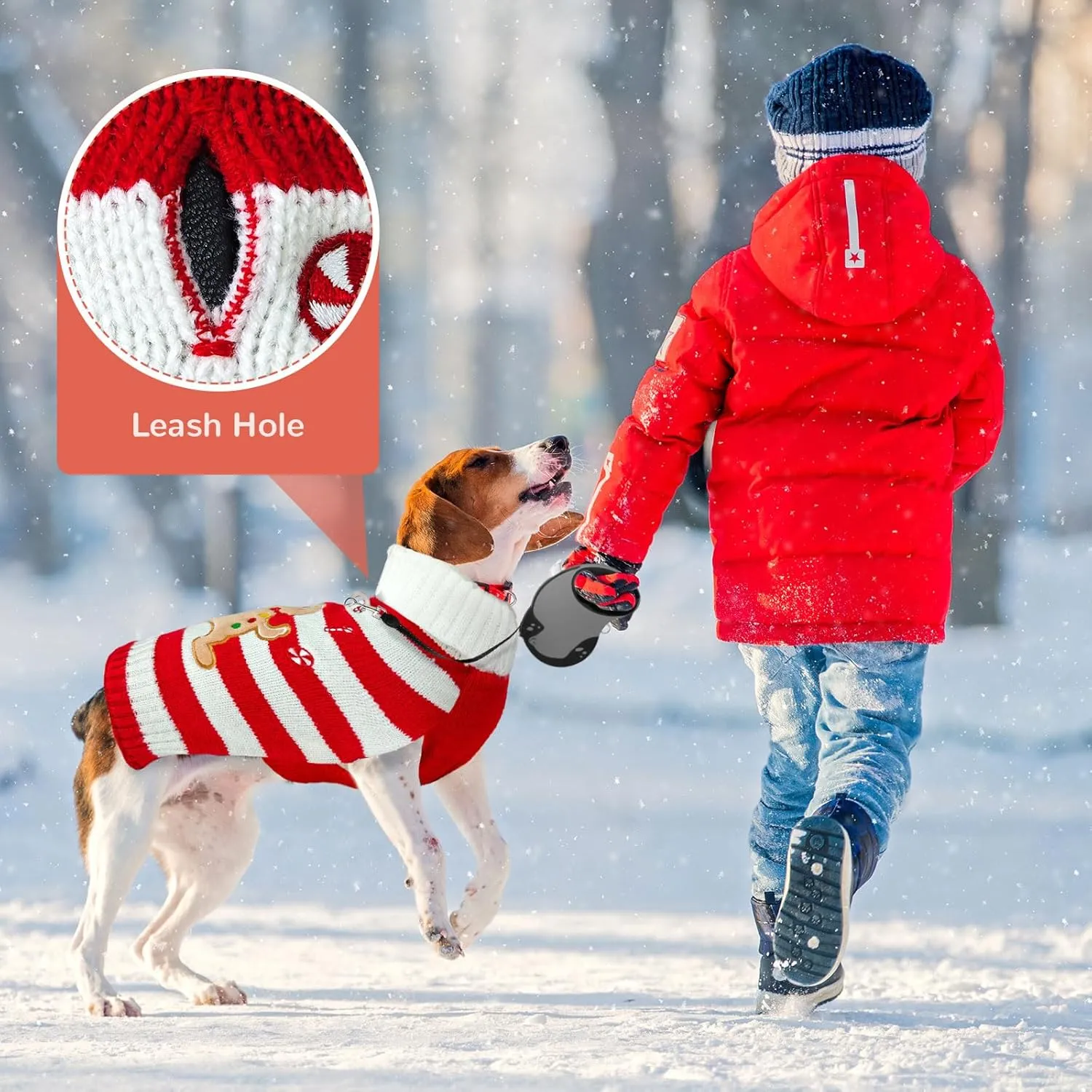 Dog Christmas Sweater Striped Gingerbread Man Xmas Dog Cat Outfit New Year Holiday Costumes Puppy Cat Sweater with Leash Hole for Small Medium Large Dogs Girl Boy Turtleneck Winter Pet Clothes