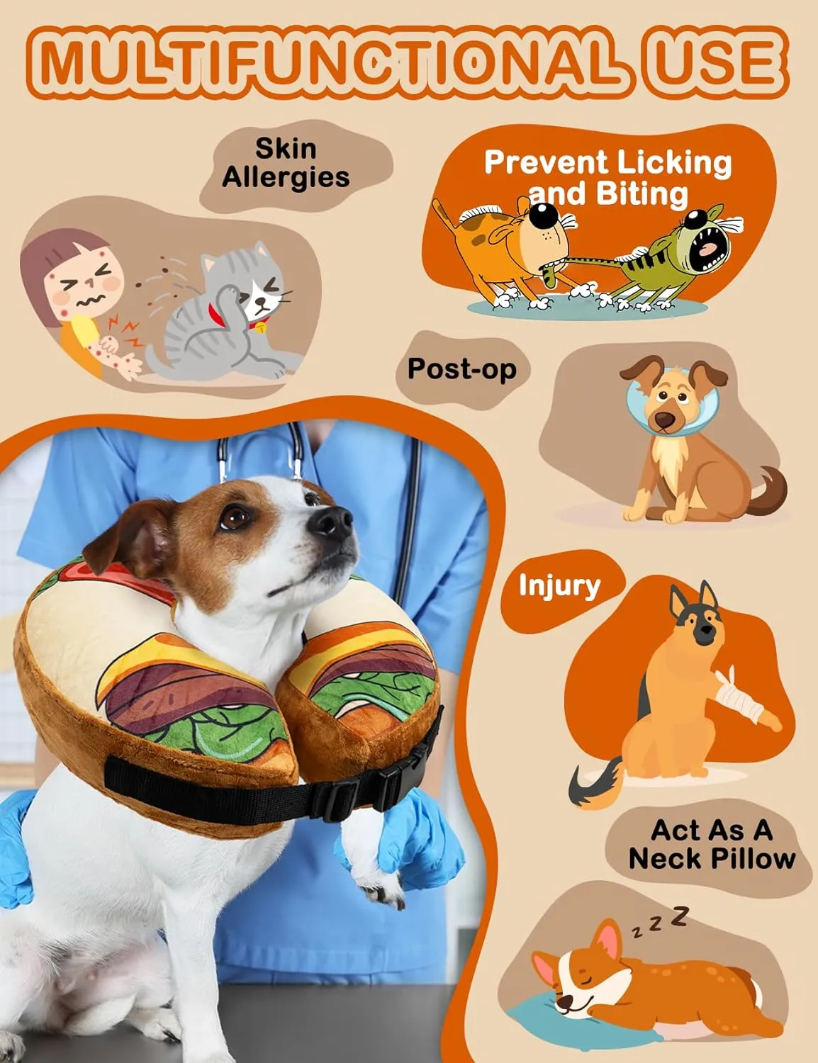 Dog Cone Collar, Inflatable Neck Donut After Surgery for Large Medium Small Dogs and Cats, Soft Dog Cone Alternative, Protective Recovery E Collar Stop Licking, Hamburger, XL