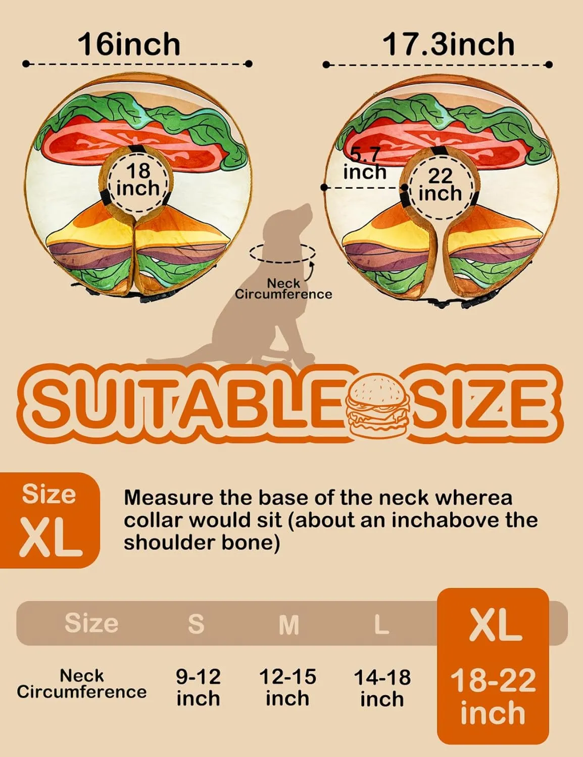 Dog Cone Collar, Inflatable Neck Donut After Surgery for Large Medium Small Dogs and Cats, Soft Dog Cone Alternative, Protective Recovery E Collar Stop Licking, Hamburger, XL
