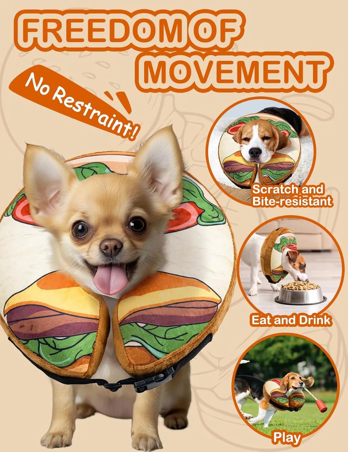 Dog Cone Collar, Inflatable Neck Donut After Surgery for Large Medium Small Dogs and Cats, Soft Dog Cone Alternative, Protective Recovery E Collar Stop Licking, Hamburger, XL