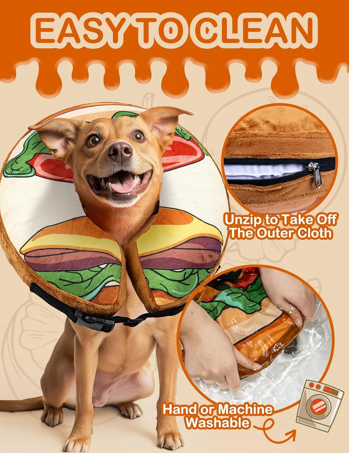 Dog Cone Collar, Inflatable Neck Donut After Surgery for Large Medium Small Dogs and Cats, Soft Dog Cone Alternative, Protective Recovery E Collar Stop Licking, Hamburger, XL