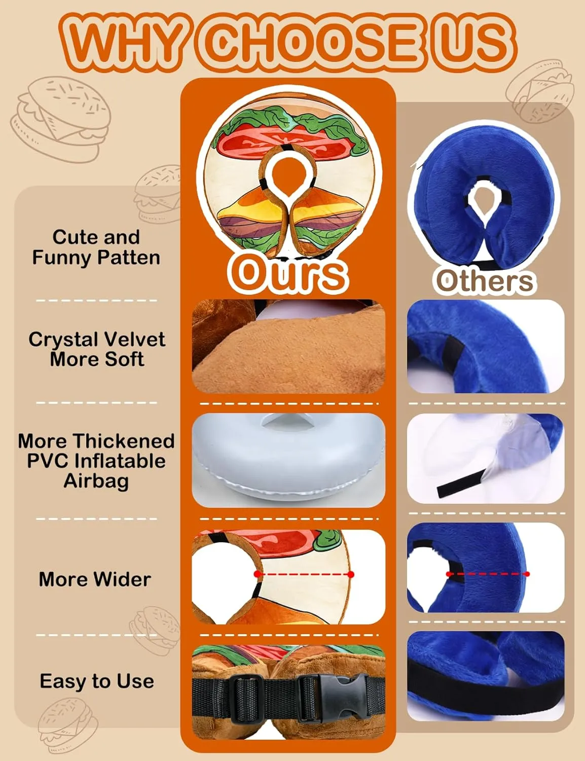 Dog Cone Collar, Inflatable Neck Donut After Surgery for Large Medium Small Dogs and Cats, Soft Dog Cone Alternative, Protective Recovery E Collar Stop Licking, Hamburger, XL