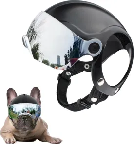 Dog Helmet with Anti-UV Silver Goggles Adjustable Cool Pet Motorcycle Helmet with Drop-Down Sun Visor for Weight 16.5lb-27.5lb