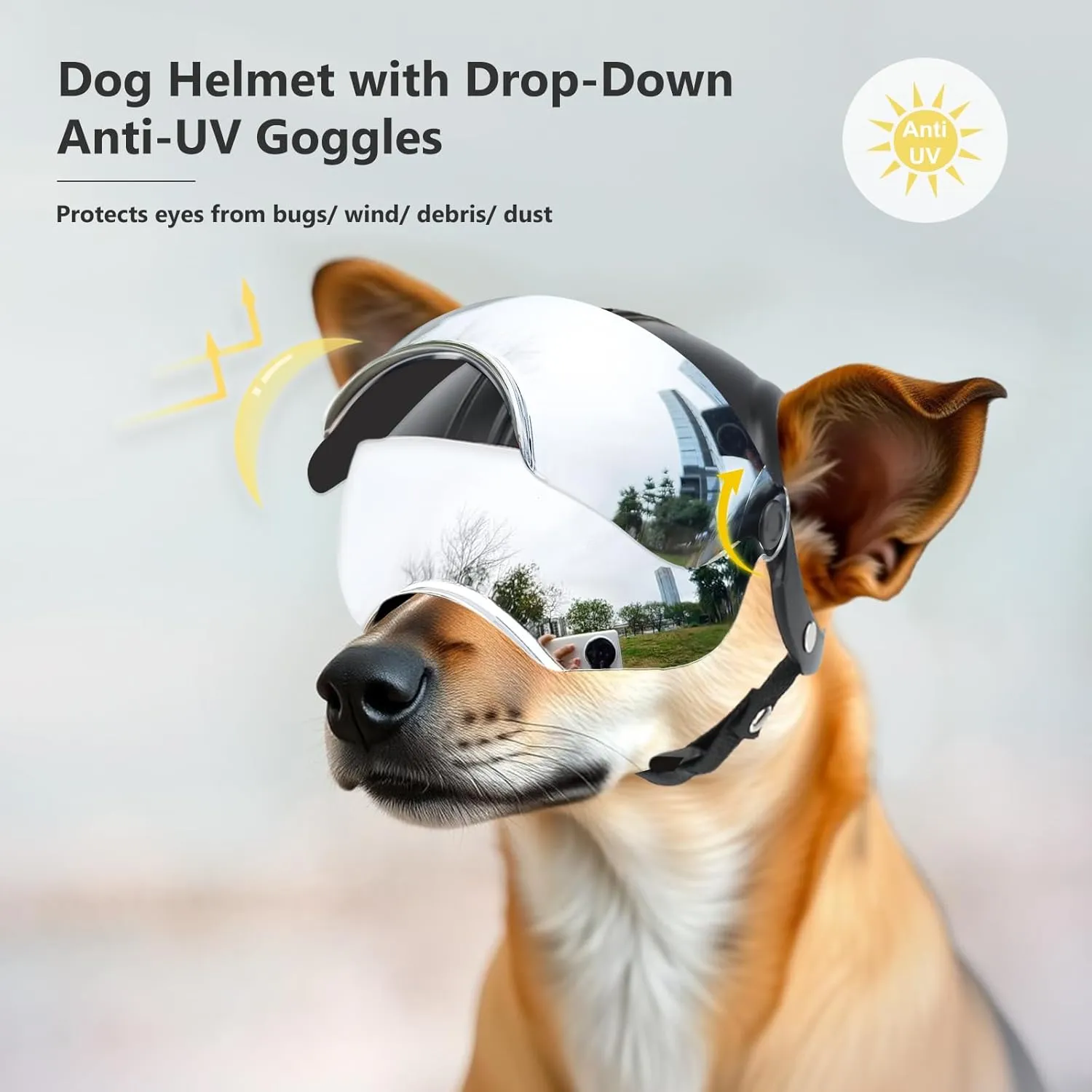 Dog Helmet with Anti-UV Silver Goggles Adjustable Cool Pet Motorcycle Helmet with Drop-Down Sun Visor for Weight 16.5lb-27.5lb