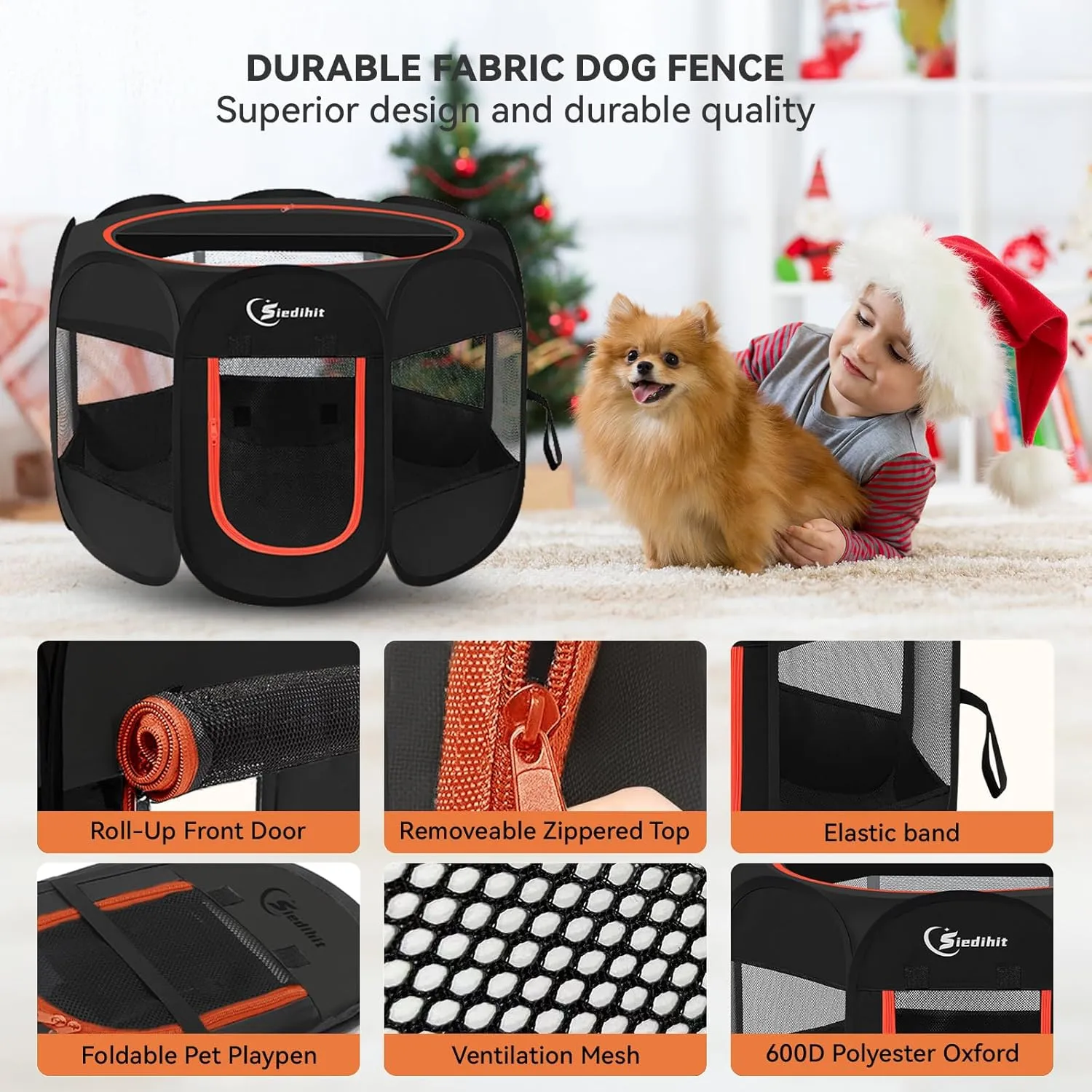 Dog Playpen, Puppy Pet Playpens Indoor for Medium Dogs Tent Crates Cage Indoor/Outdoor, Portable Pop Up Dog Kennel Playpen with Carrying Case for Dogs/Cats/Rabbits, Removable Zipper Top, Black