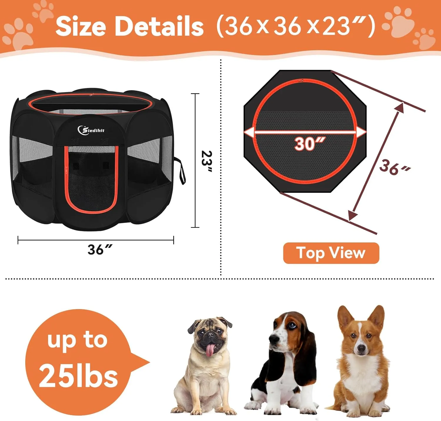 Dog Playpen, Puppy Pet Playpens Indoor for Medium Dogs Tent Crates Cage Indoor/Outdoor, Portable Pop Up Dog Kennel Playpen with Carrying Case for Dogs/Cats/Rabbits, Removable Zipper Top, Black