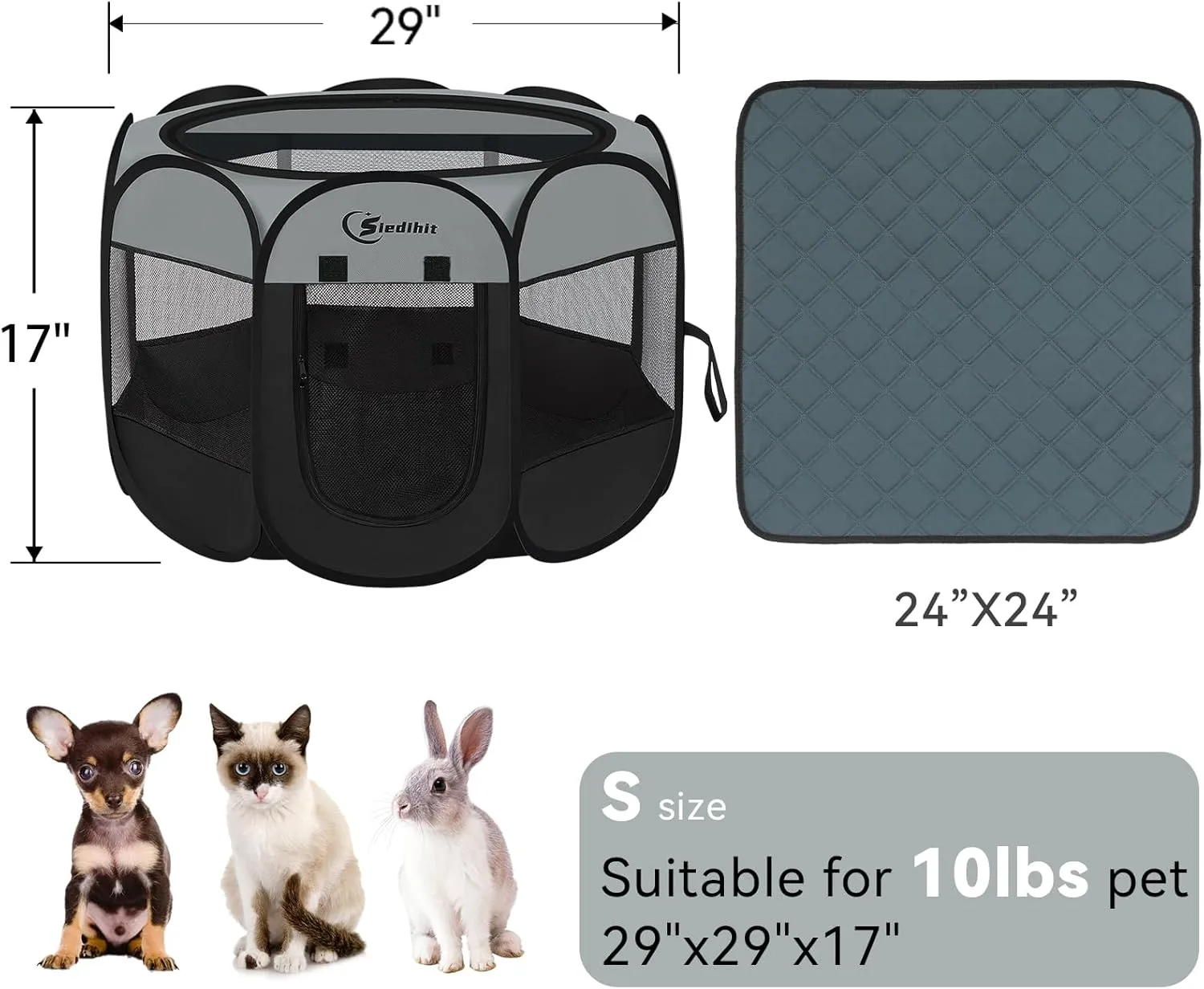 Dog Playpen with Washable Pee Pad, Puppy Pet Cat Playpen for Small Dogs, Dog Tent Crate Indoor/Outdoor, Portable Pop Up Kennel with Carrying Case for Dogs/Cats/Rabbits(Dark Grey)