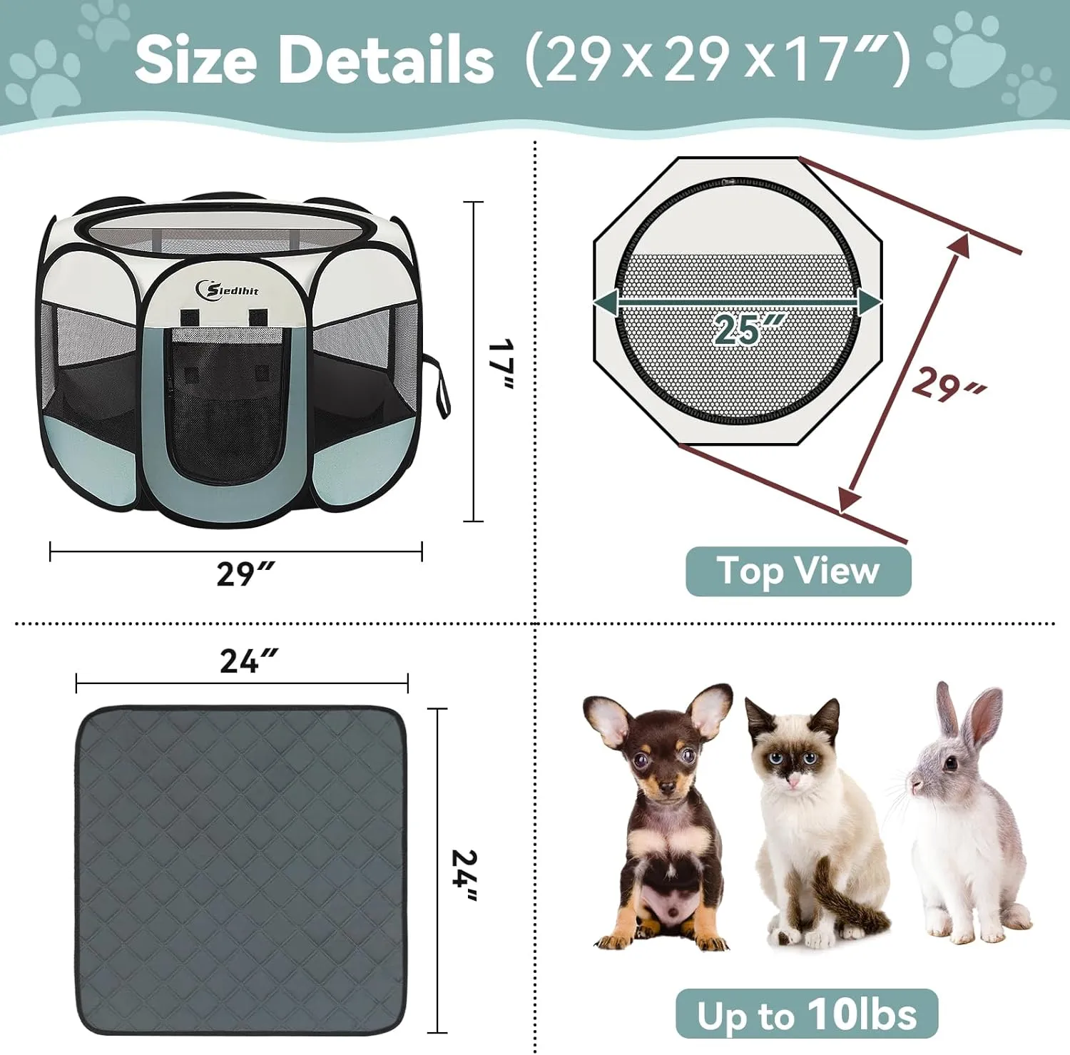 Dog Playpen with Washable Pee Pad, Puppy Pet Cat Playpen Small Dogs Tent Crate Indoor/Outdoor, Portable Pop Up Kennel with Carrying Case for Cats/Rabbits(Grey (29" x 29" x 17") with pad)