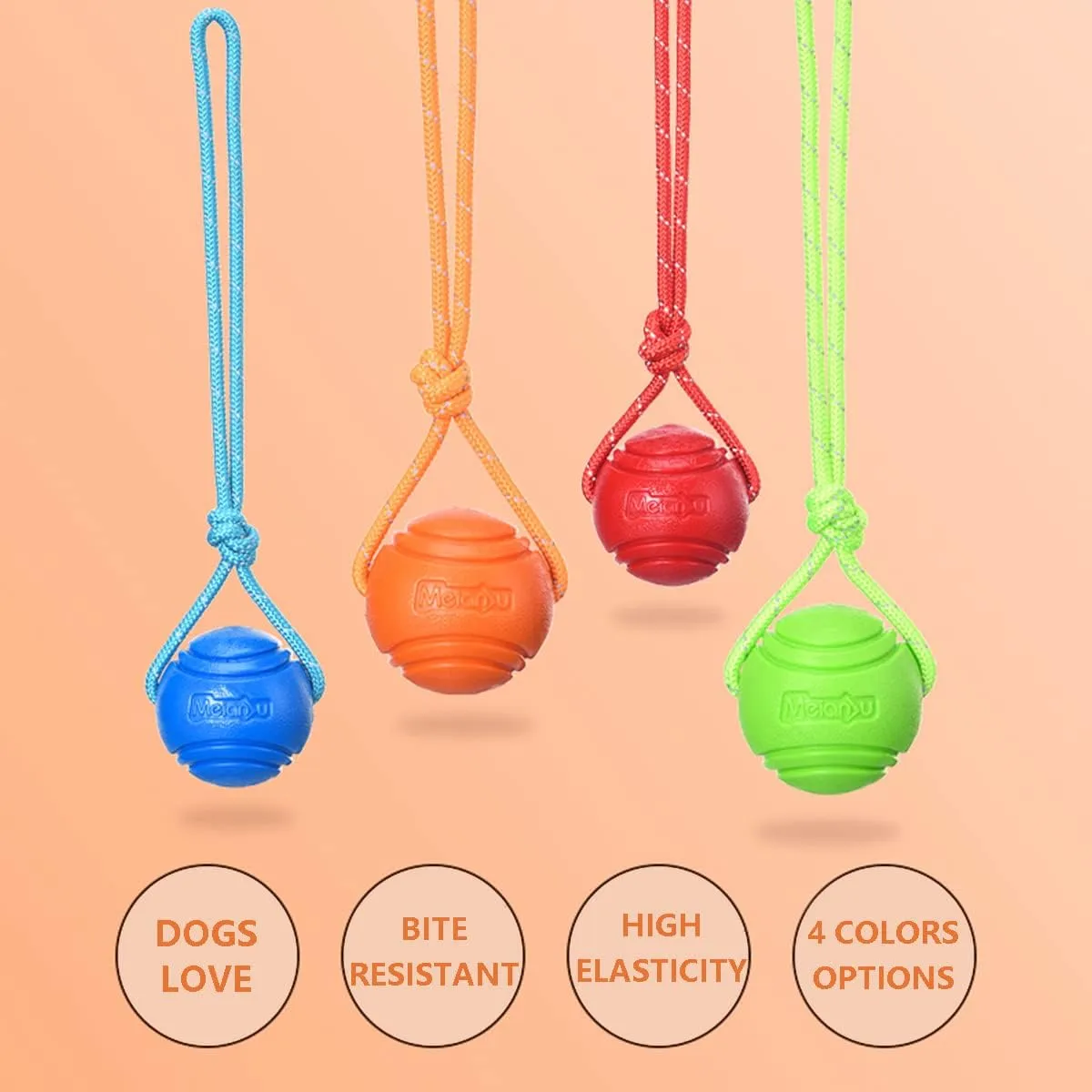 Dog Training Ball on A Rope Rubber Dog Rope Toys Ball with Handle for Tug of War K9 Training Rewards for Belgian Malinois Gifts, 5cm in Diameter for Small Dogs 0-30 Lbs, Pack of 4
