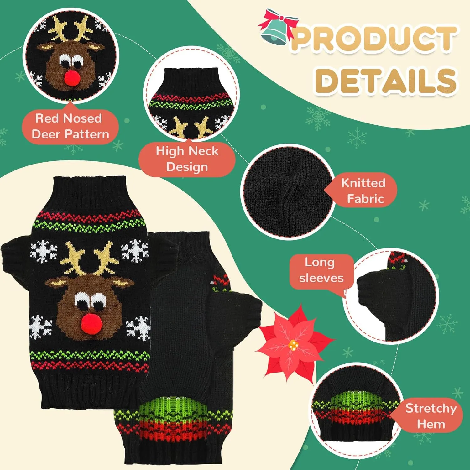 Dog Ugly Christmas Sweater Black Elk Xmas Dog Cat Outfit New Year Holiday Costumes Puppy Cat Sweater with Leash Hole for Small Medium Large Dogs Girl Boy Turtleneck Winter Warm Pet Clothes