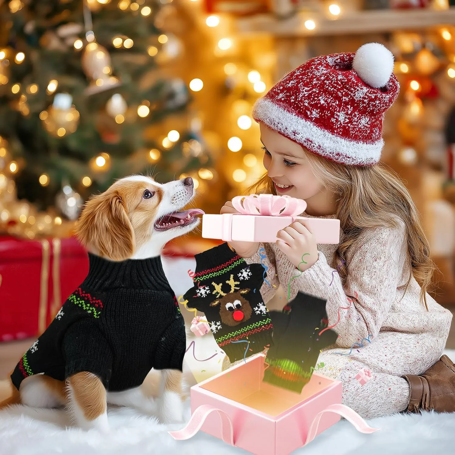 Dog Ugly Christmas Sweater Black Elk Xmas Dog Cat Outfit New Year Holiday Costumes Puppy Cat Sweater with Leash Hole for Small Medium Large Dogs Girl Boy Turtleneck Winter Warm Pet Clothes