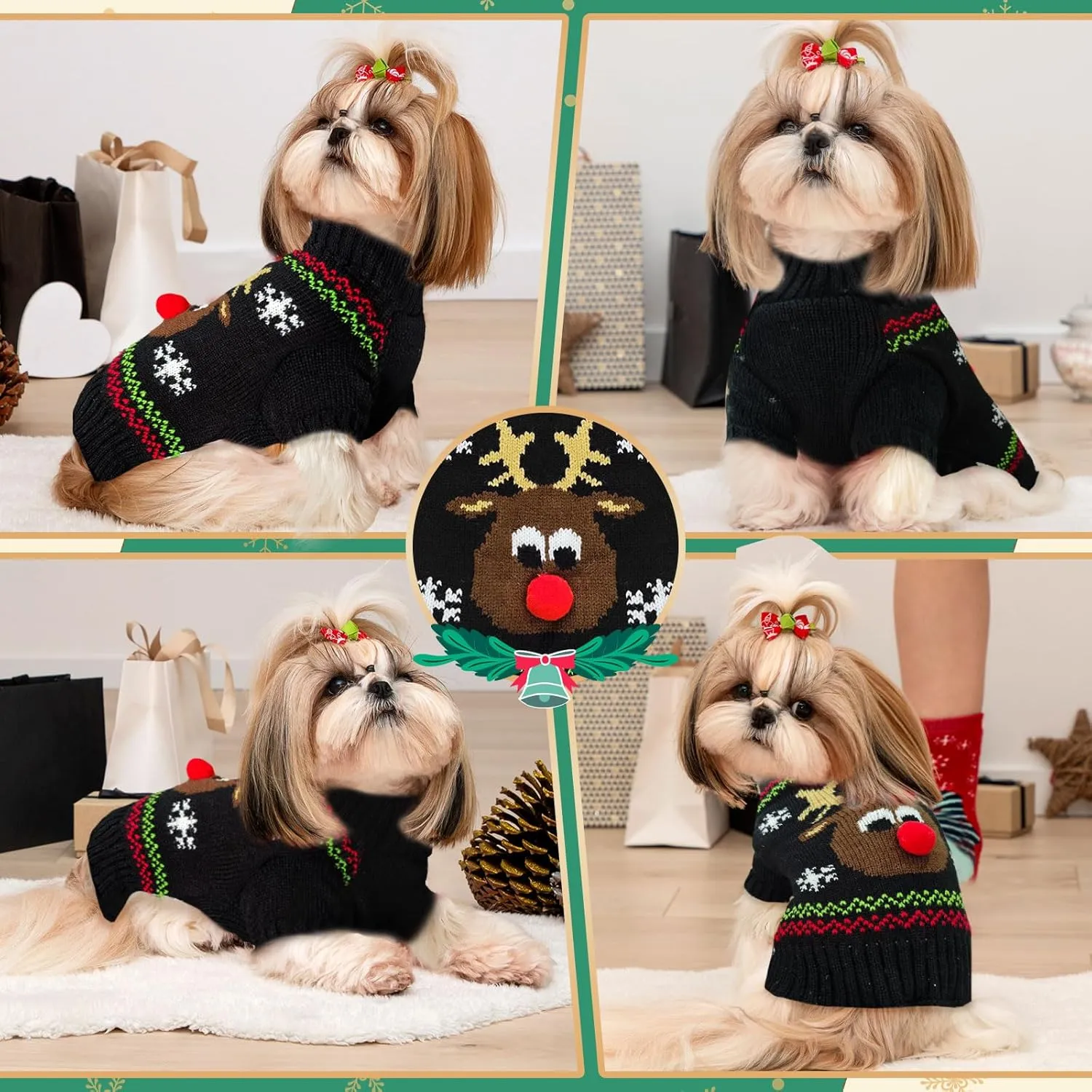 Dog Ugly Christmas Sweater Black Elk Xmas Dog Cat Outfit New Year Holiday Costumes Puppy Cat Sweater with Leash Hole for Small Medium Large Dogs Girl Boy Turtleneck Winter Warm Pet Clothes