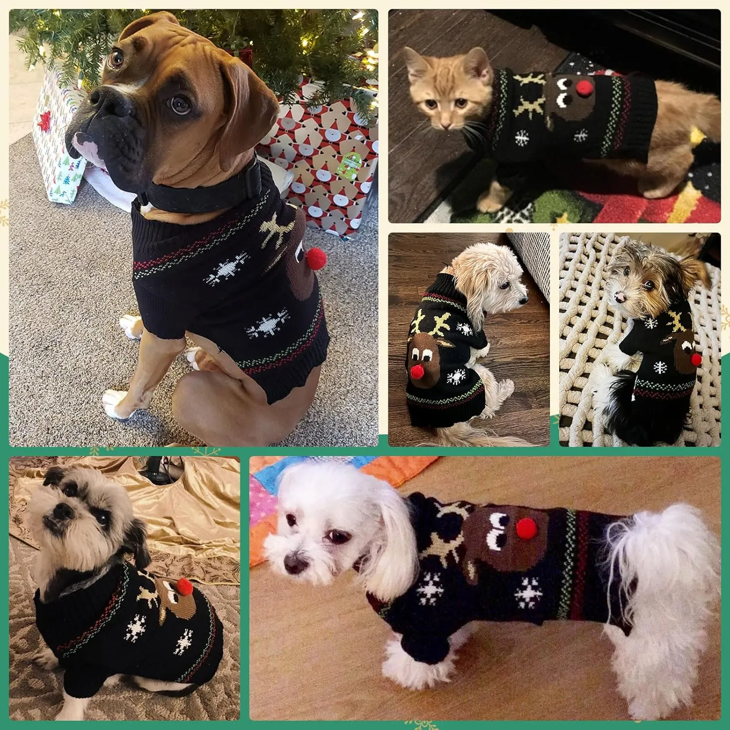 Dog Ugly Christmas Sweater Black Elk Xmas Dog Cat Outfit New Year Holiday Costumes Puppy Cat Sweater with Leash Hole for Small Medium Large Dogs Girl Boy Turtleneck Winter Warm Pet Clothes