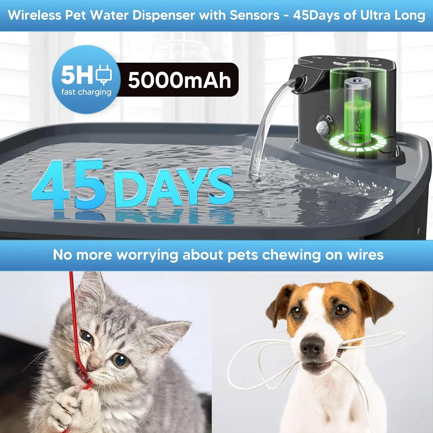 Dog Water Fountain Wireless,2.1GAL/8L Large Dog Water Fountain Battery Operated, Dog Fountain Water Bowl with Sensor,Wireless Smart Pump,Timer,BPA-Free,Ideal for Large Dogs,Multi-Pet Home