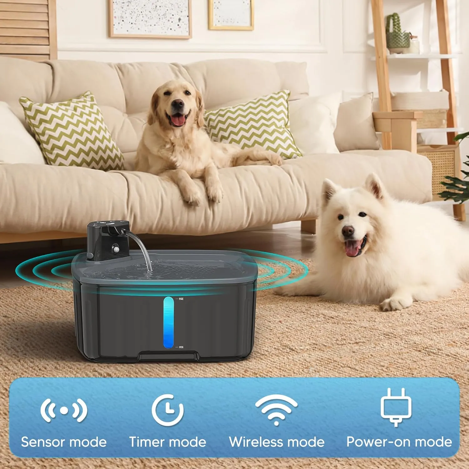 Dog Water Fountain Wireless,2.1GAL/8L Large Dog Water Fountain Battery Operated, Dog Fountain Water Bowl with Sensor,Wireless Smart Pump,Timer,BPA-Free,Ideal for Large Dogs,Multi-Pet Home