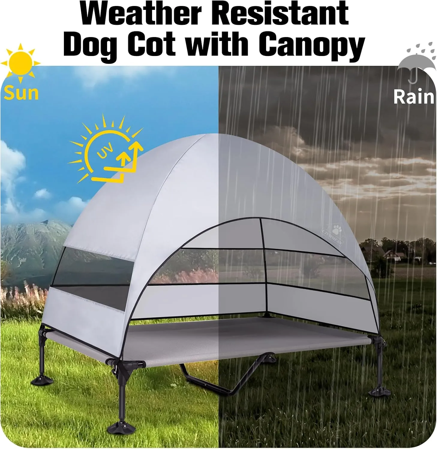 Elevated Dog Bed with Upgraded Canopy, Raised Outdoor Dog Tent with Powerful Anti-Slip Feet, Portable Pet Cot with Larger Shade, Raised Cooling Bed for Camping, Backyard, Beach, Poolside