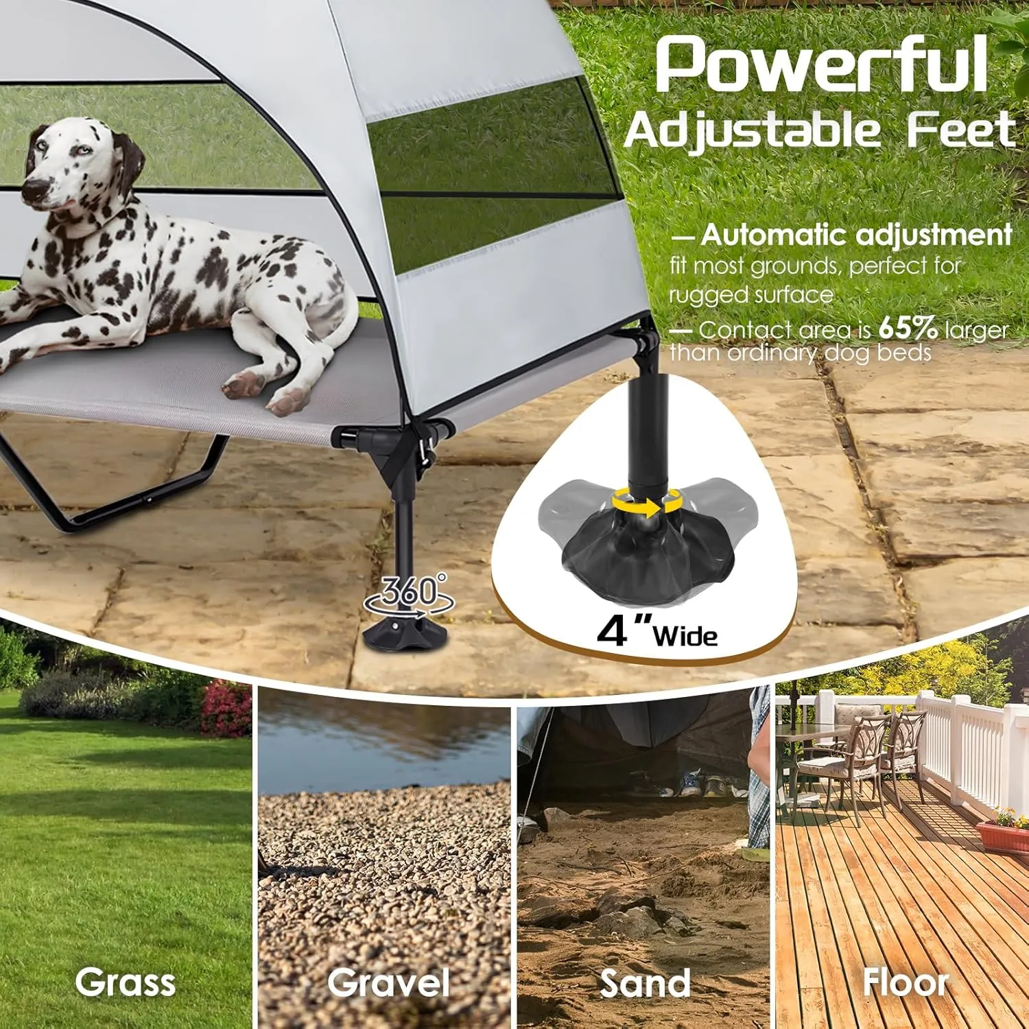 Elevated Dog Bed with Upgraded Canopy, Raised Outdoor Dog Tent with Powerful Anti-Slip Feet, Portable Pet Cot with Larger Shade, Raised Cooling Bed for Camping, Backyard, Beach, Poolside