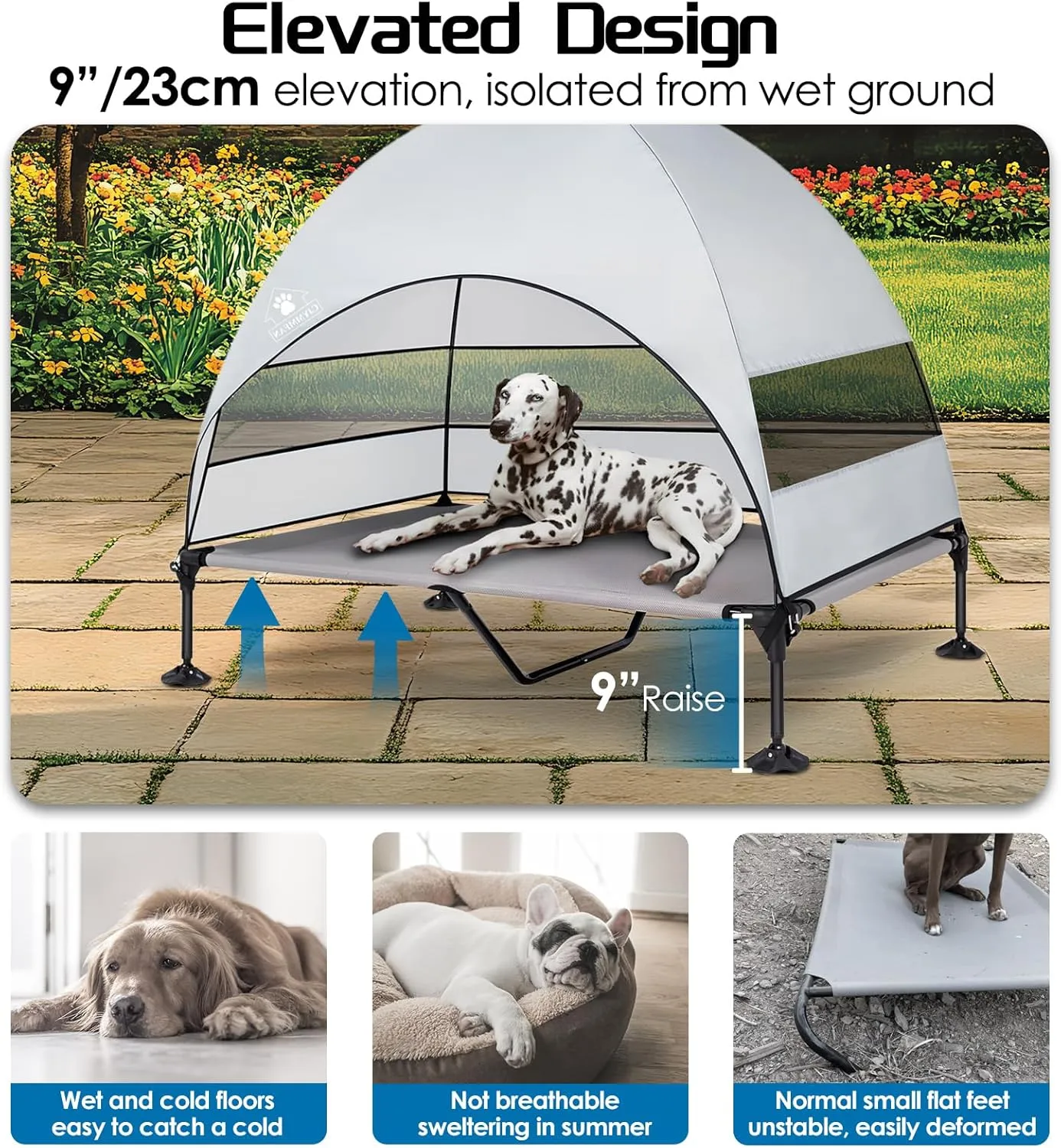 Elevated Dog Bed with Upgraded Canopy, Raised Outdoor Dog Tent with Powerful Anti-Slip Feet, Portable Pet Cot with Larger Shade, Raised Cooling Bed for Camping, Backyard, Beach, Poolside