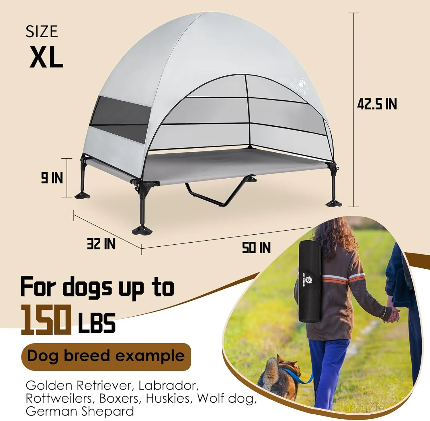 Elevated Dog Bed with Upgraded Canopy, Raised Outdoor Dog Tent with Powerful Anti-Slip Feet, Portable Pet Cot with Larger Shade, Raised Cooling Bed for Camping, Backyard, Beach, Poolside