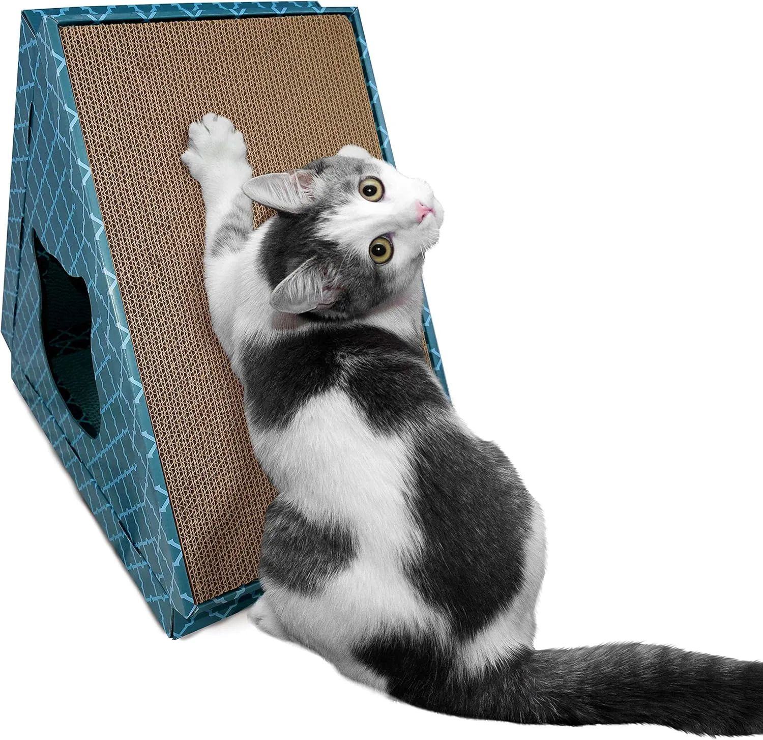 Furhaven Cardboard Hideout w/ Catnip for Indoor Cats, Ft. Scratching Pads - Tiger Tent Corrugated Cat Scratcher Hideout - Teal, One Size
