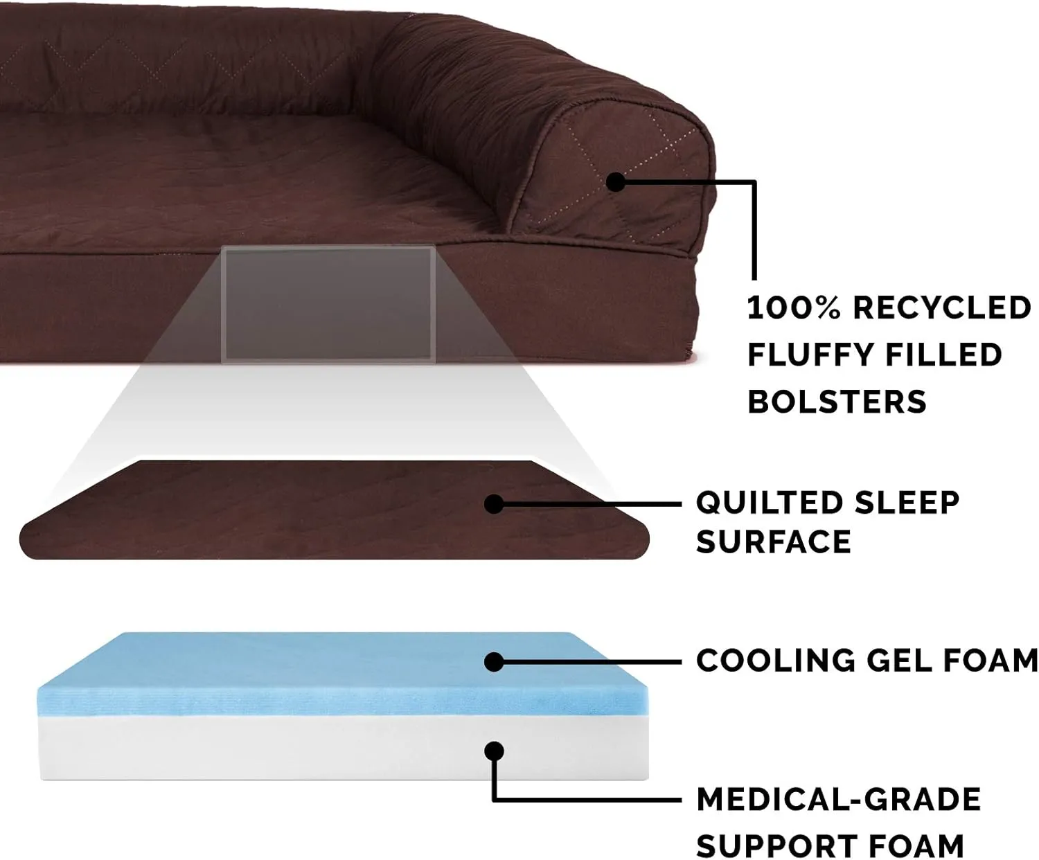 Furhaven Cooling Gel Dog Bed for Large Dogs w/ Removable Bolsters & Washable Cover, For Dogs Up to 95 lbs - Quilted Sofa - Coffee, Jumbo/XL