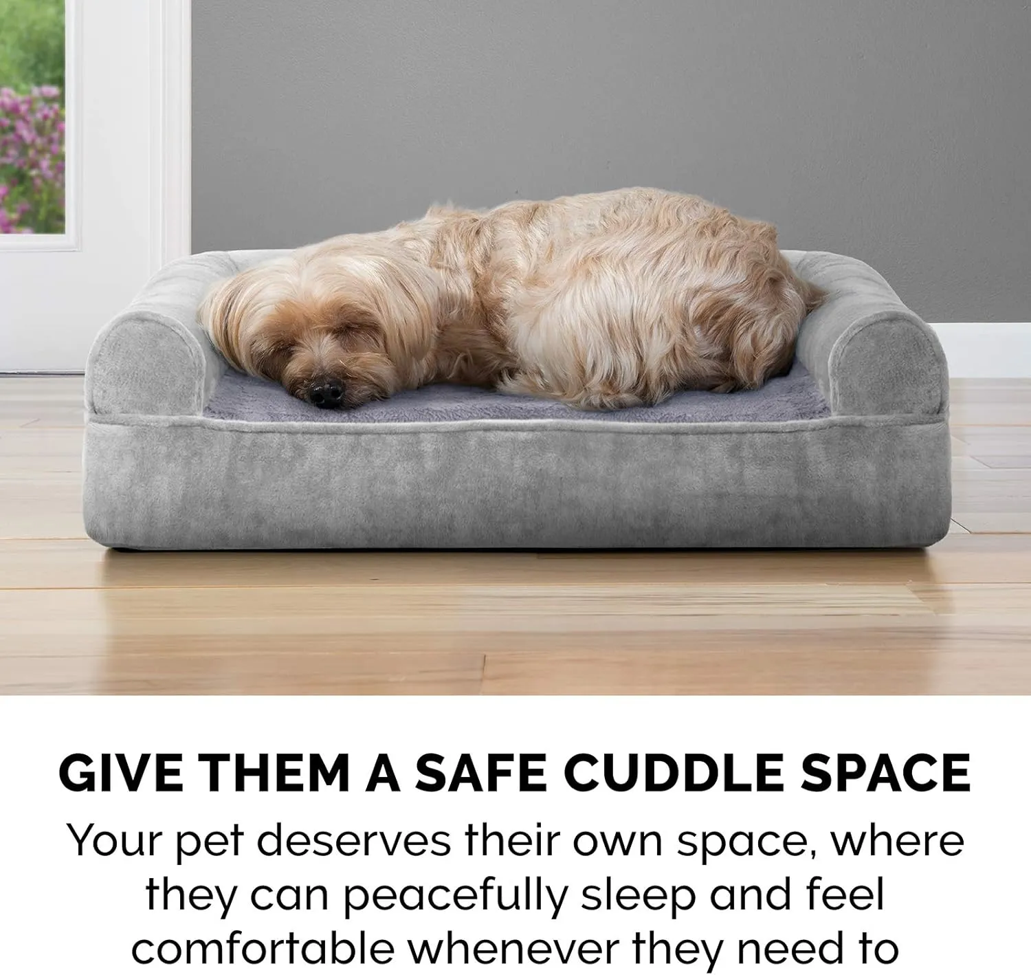 Furhaven Cooling Gel Dog Bed for Medium/Small Dogs w/ Removable Bolsters & Washable Cover, For Dogs Up to 35 lbs - Faux Fur & Velvet Sofa - Smoke Gray, Medium