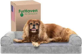 Furhaven Cooling Gel Dog Bed for Medium/Small Dogs w/ Removable Bolsters & Washable Cover, For Dogs Up to 35 lbs - Faux Fur & Velvet Sofa - Smoke Gray, Medium