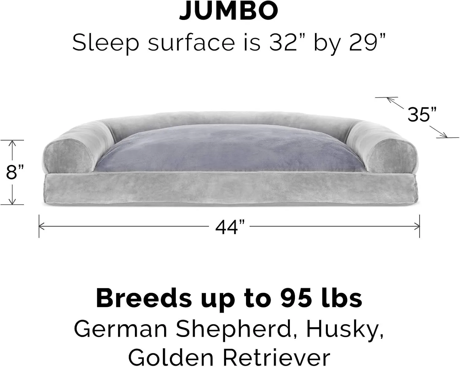 Furhaven Pillow Dog Bed for Large Dogs w/ Removable Bolsters & Washable Cover - Faux Fur & Velvet Sofa - Smoke Gray, Jumbo/XL