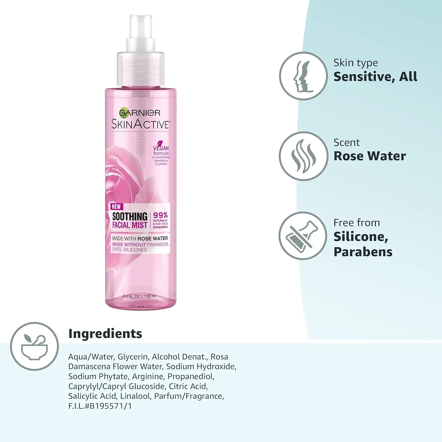 Garnier SkinActive Facial Mist Spray with Rose Water, 4.4 Fl Oz (130mL), 1 Count (Packaging May Vary)