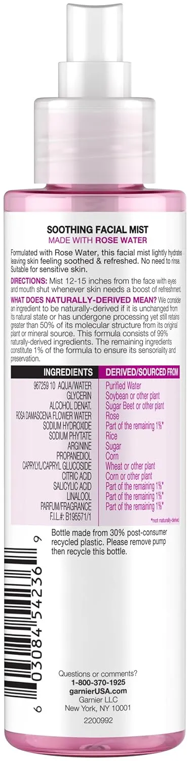 Garnier SkinActive Facial Mist Spray with Rose Water, 4.4 Fl Oz (130mL), 1 Count (Packaging May Vary)