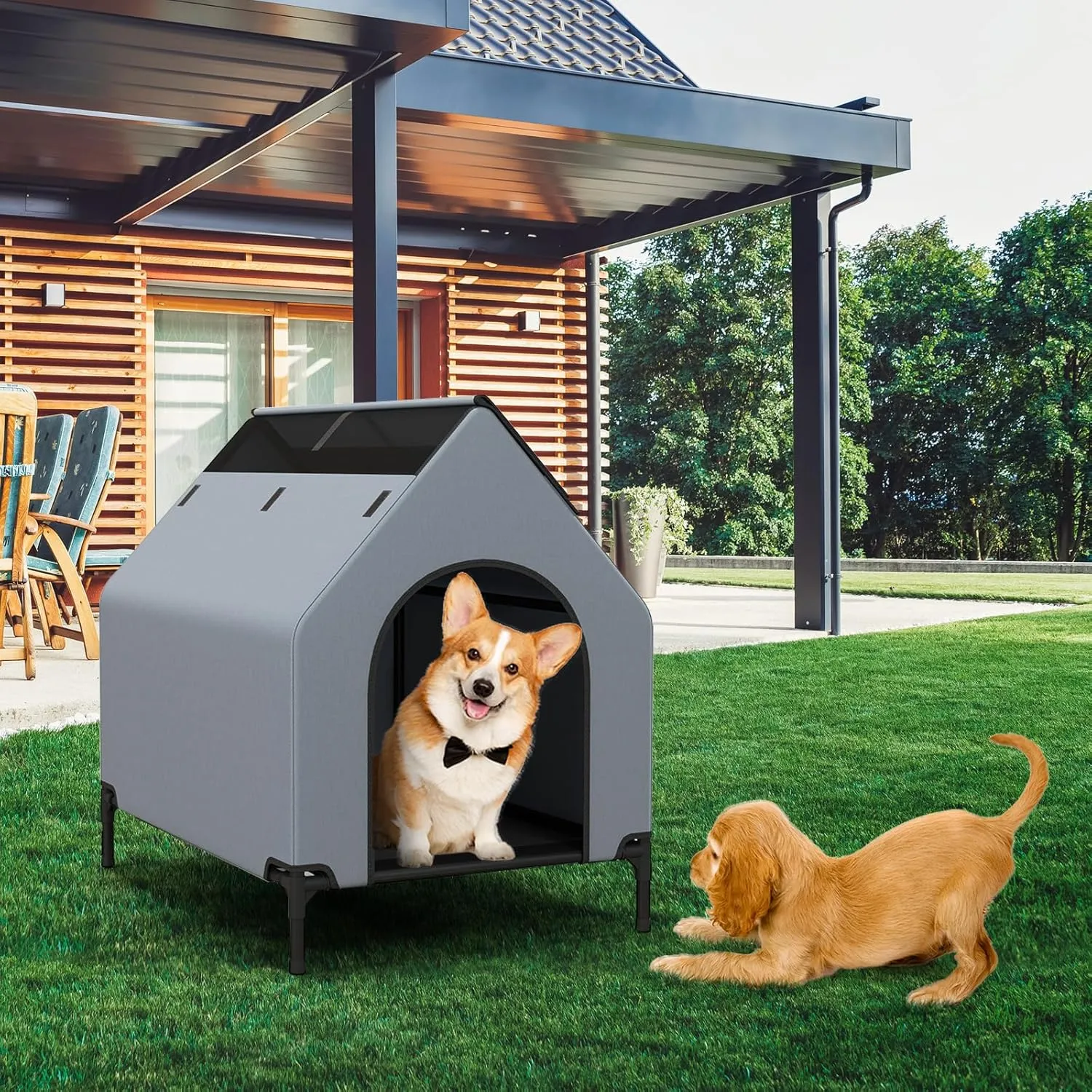 Giantex 36 inch Dog House Outdoor, Elevated Dog Bed with Weatherproof 600D Oxford Canopy, 2 Top Windows, Breathable Mesh Fabric Bed, Dog Tents Shelter Kennel, Medium Dog House, 36" L x 25" W x 34" H