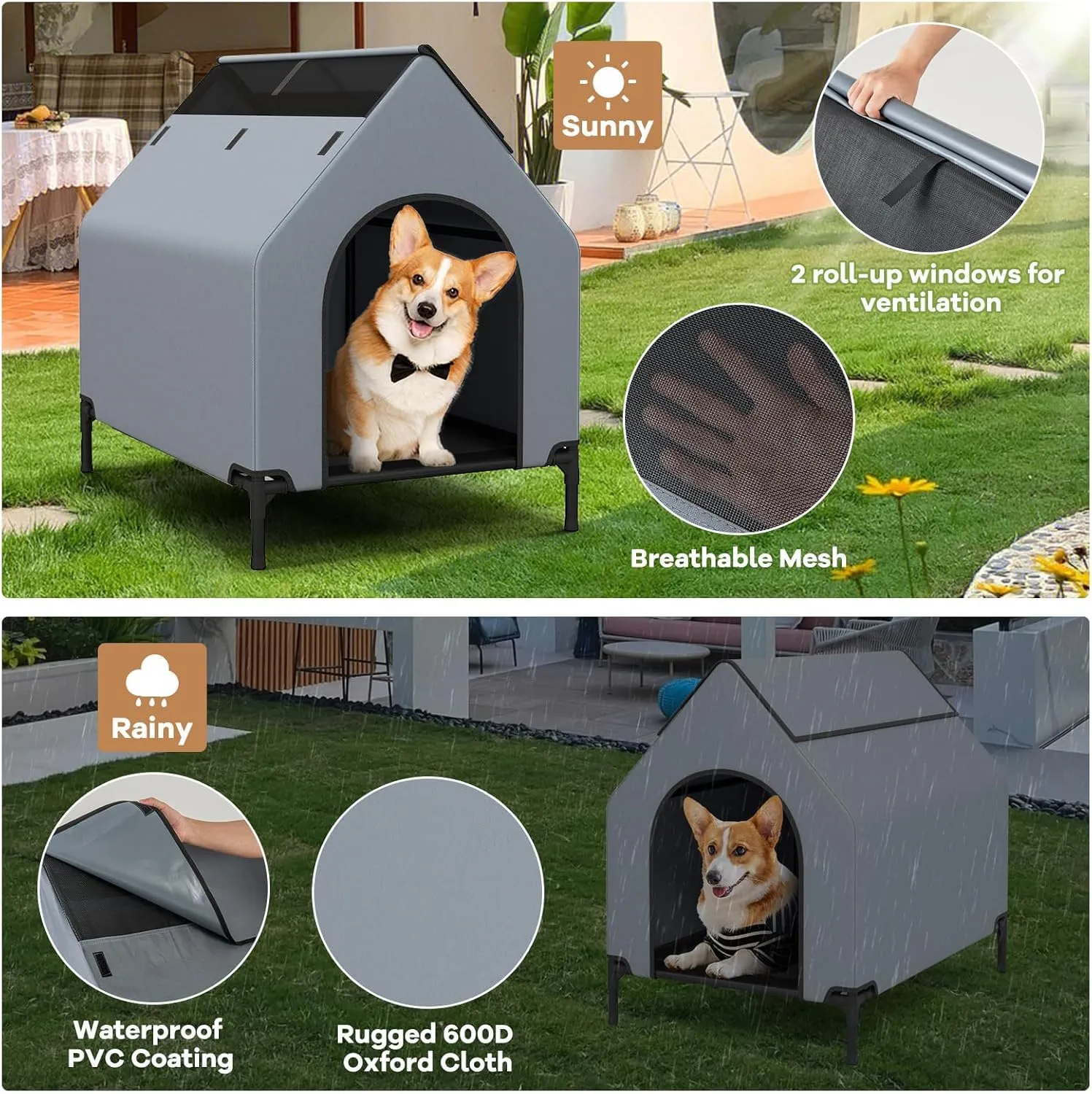 Giantex 36 inch Dog House Outdoor, Elevated Dog Bed with Weatherproof 600D Oxford Canopy, 2 Top Windows, Breathable Mesh Fabric Bed, Dog Tents Shelter Kennel, Medium Dog House, 36" L x 25" W x 34" H