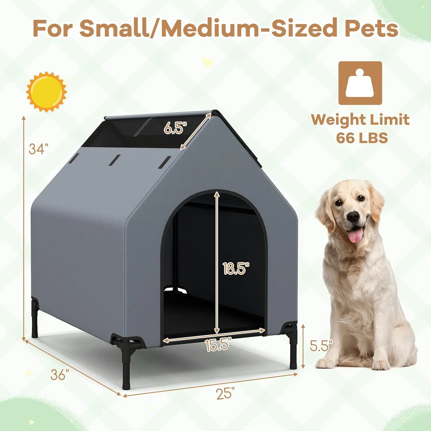 Giantex 36 inch Dog House Outdoor, Elevated Dog Bed with Weatherproof 600D Oxford Canopy, 2 Top Windows, Breathable Mesh Fabric Bed, Dog Tents Shelter Kennel, Medium Dog House, 36" L x 25" W x 34" H